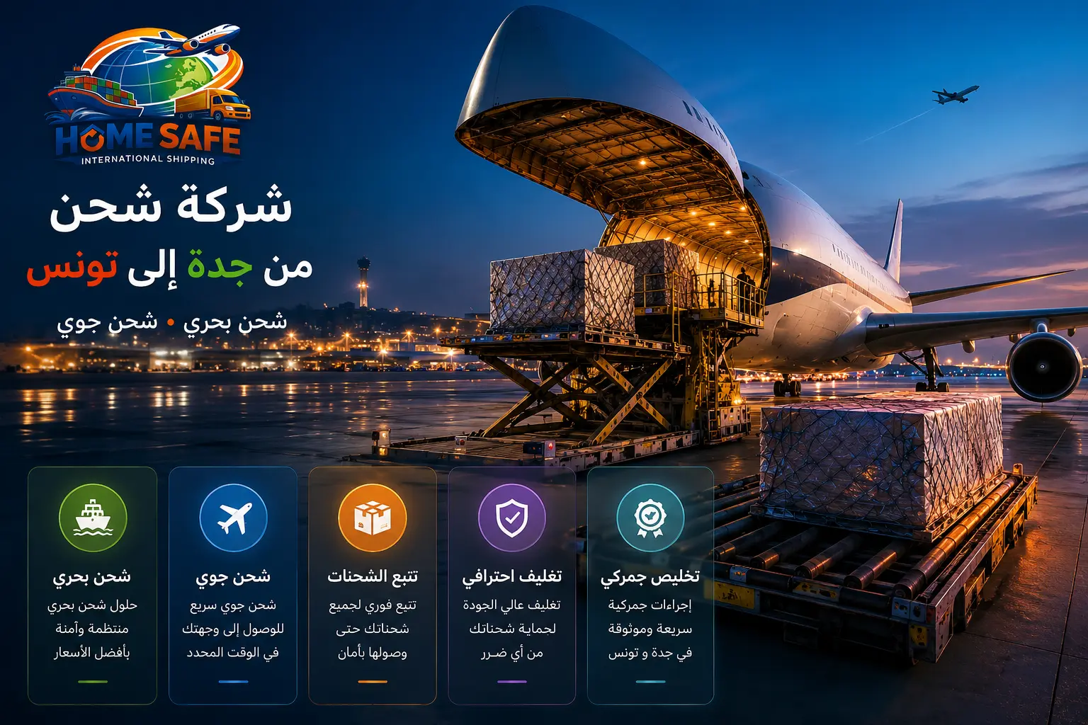 شركة شحن من جدة إلى تونس تقدم خدمات الشحن البحري والجوي لنقل الأثاث والبضائع والطرود مع حلول لوجستية احترافية من هوم سيف.