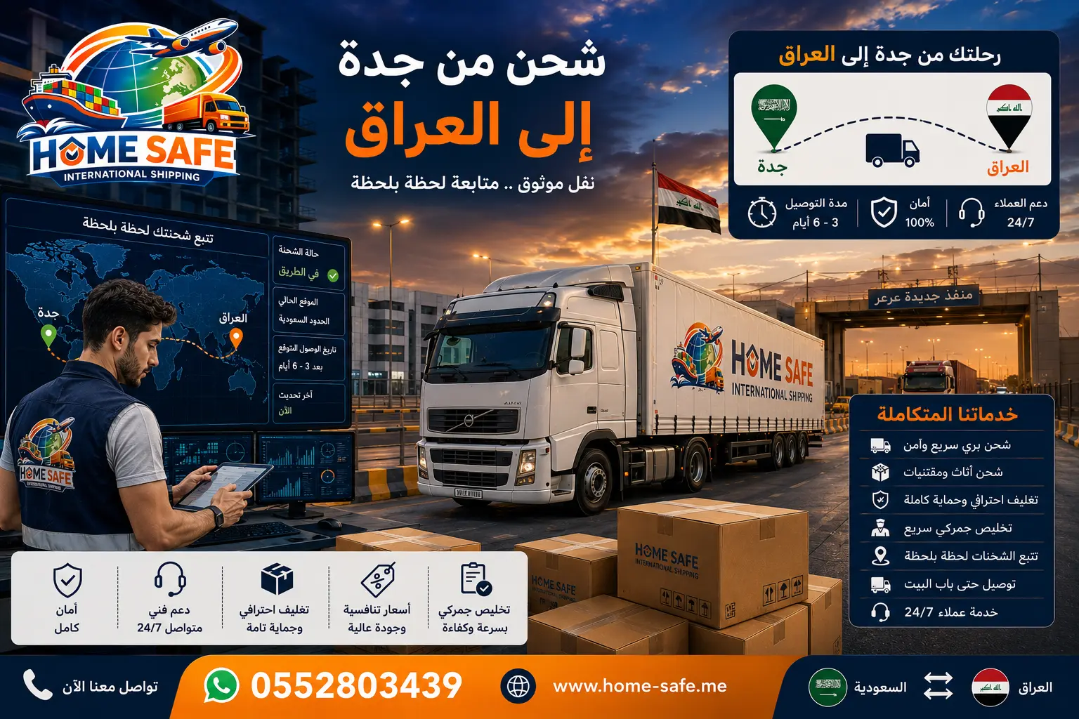 شركة شحن من جدة إلى العراق تقدم خدمات الشحن البحري والبري ونقل الأثاث والبضائع والشحن التجاري مع التخليص الجمركي والمتابعة المستمرة عبر هوم سيف للشحن الدولي