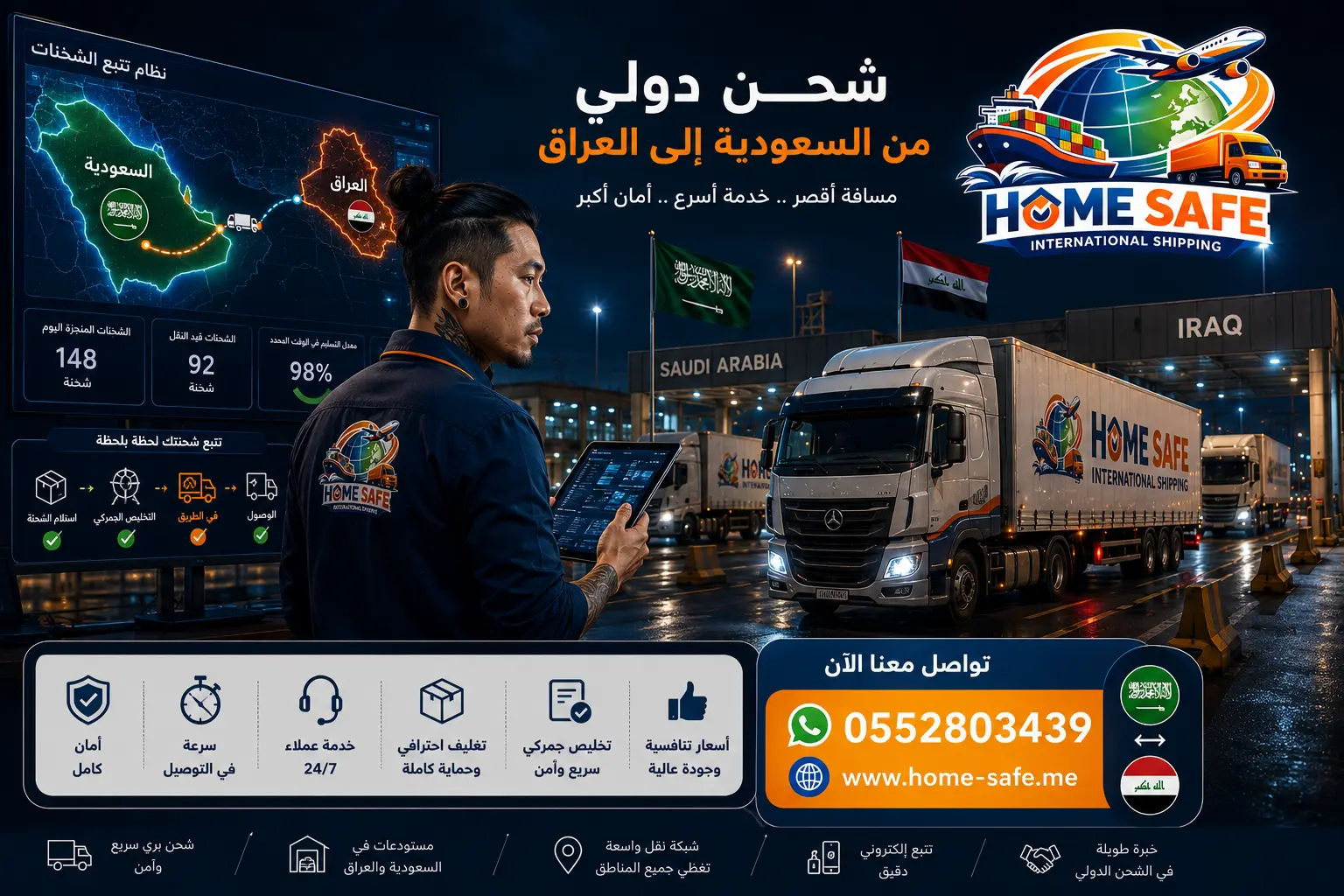 شركة شحن من السعودية إلى العراق تقدم خدمات الشحن البري والجوي ونقل البضائع والأثاث والشحن التجاري مع متابعة الشحنات والتخليص الجمركي عبر هوم سيف للشحن الدولي