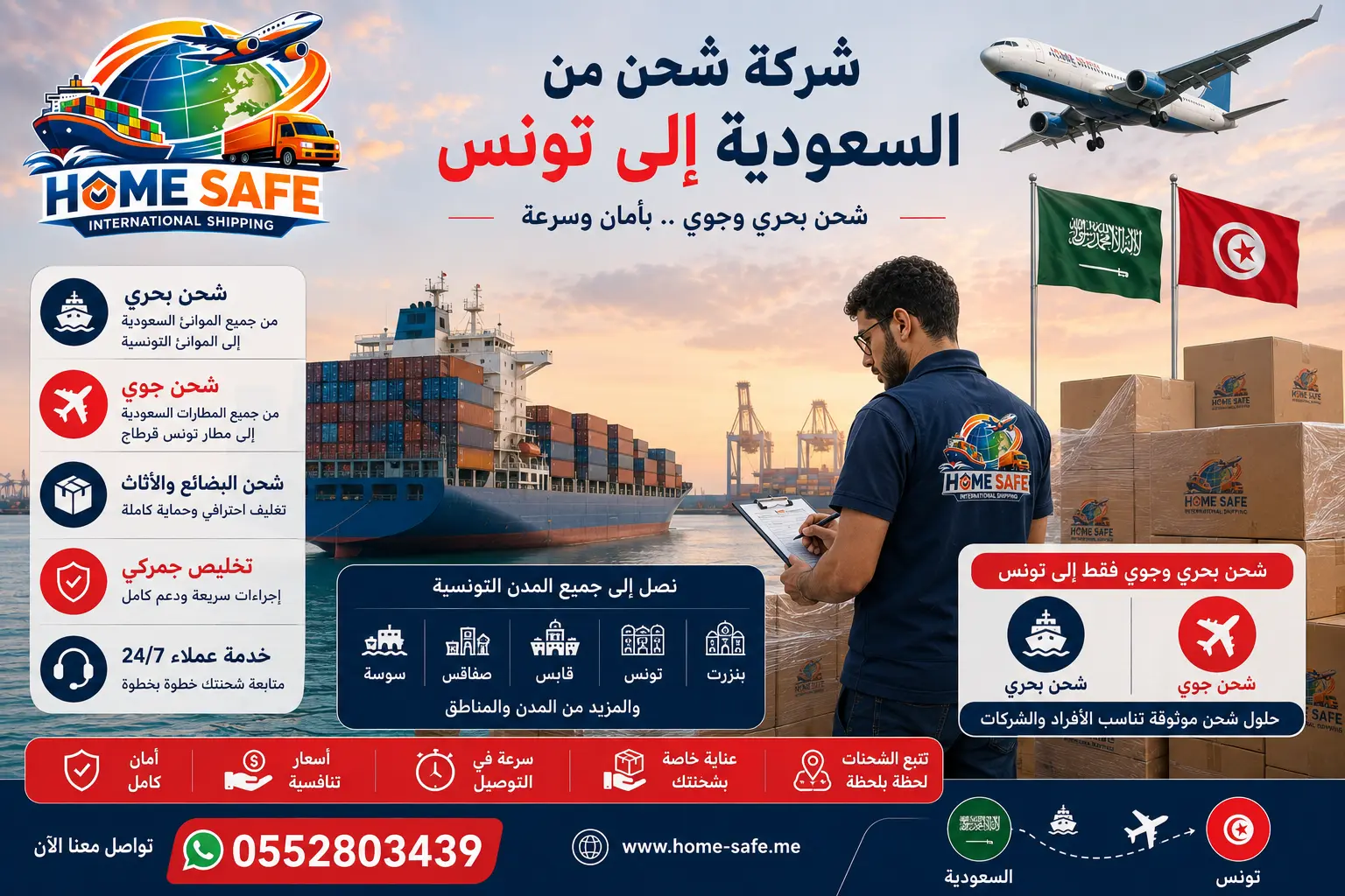 شركة شحن من السعودية إلى تونس تقدم خدمات الشحن البحري والجوي ونقل الأثاث والبضائع التجارية والشحنات الخاصة مع التخليص الجمركي عبر هوم سيف للشحن الدولي.