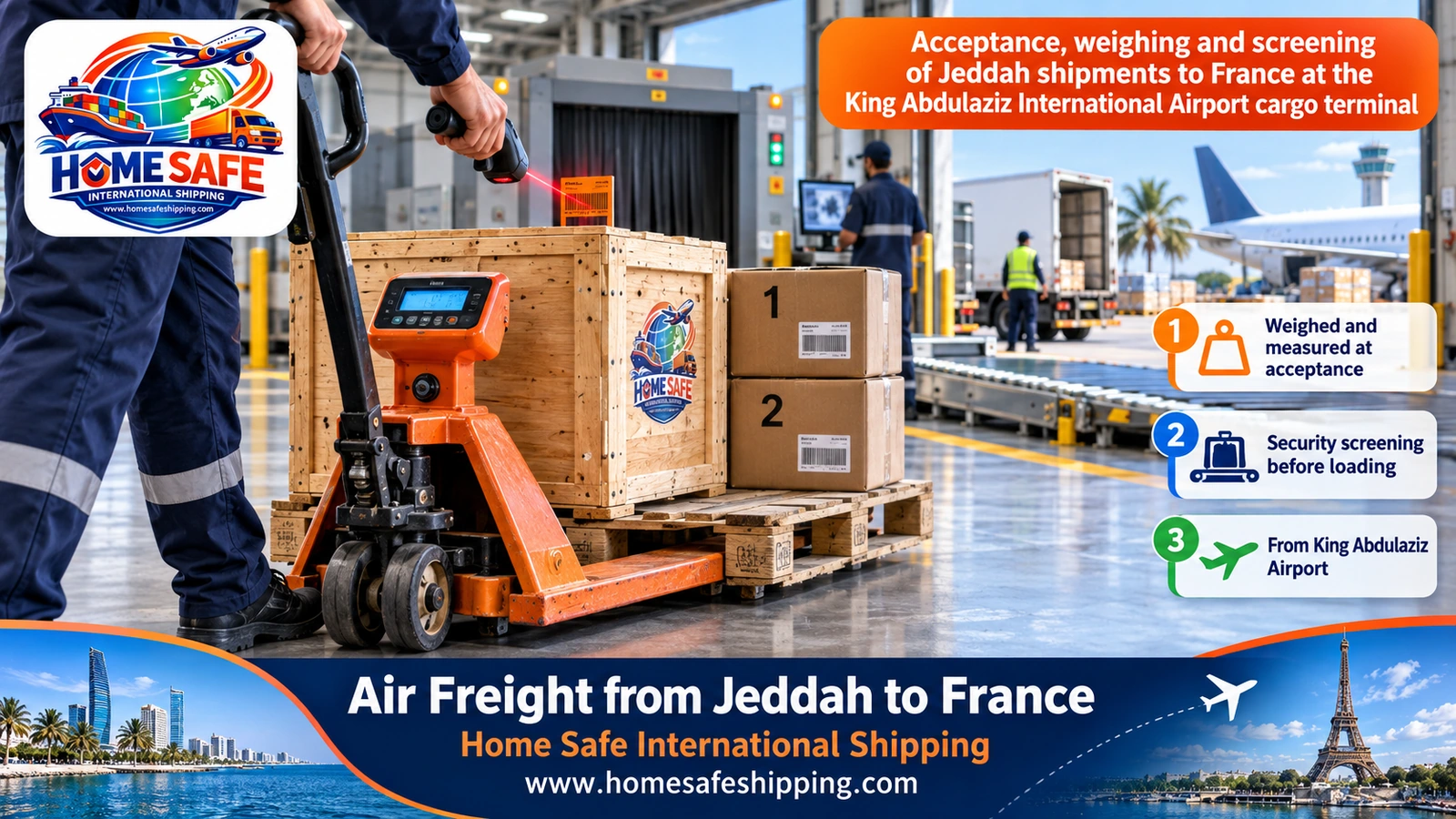 Acceptance, weighing and screening of Jeddah shipments to France at the King Abdulaziz International Airport cargo terminal