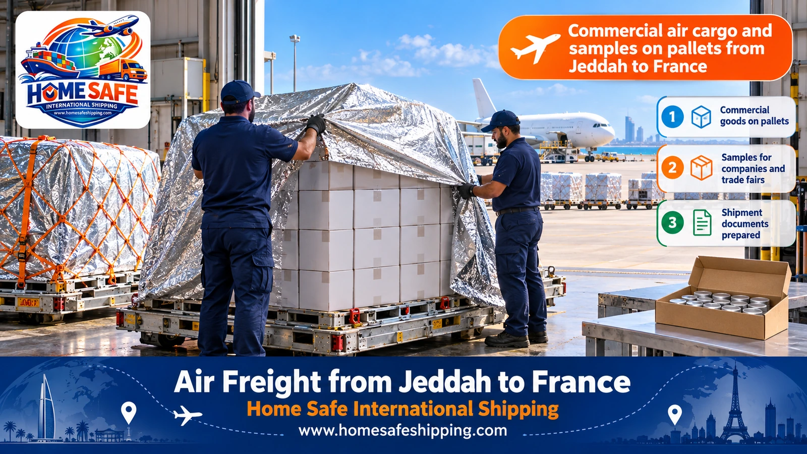 Commercial air cargo and samples on pallets from Jeddah to France