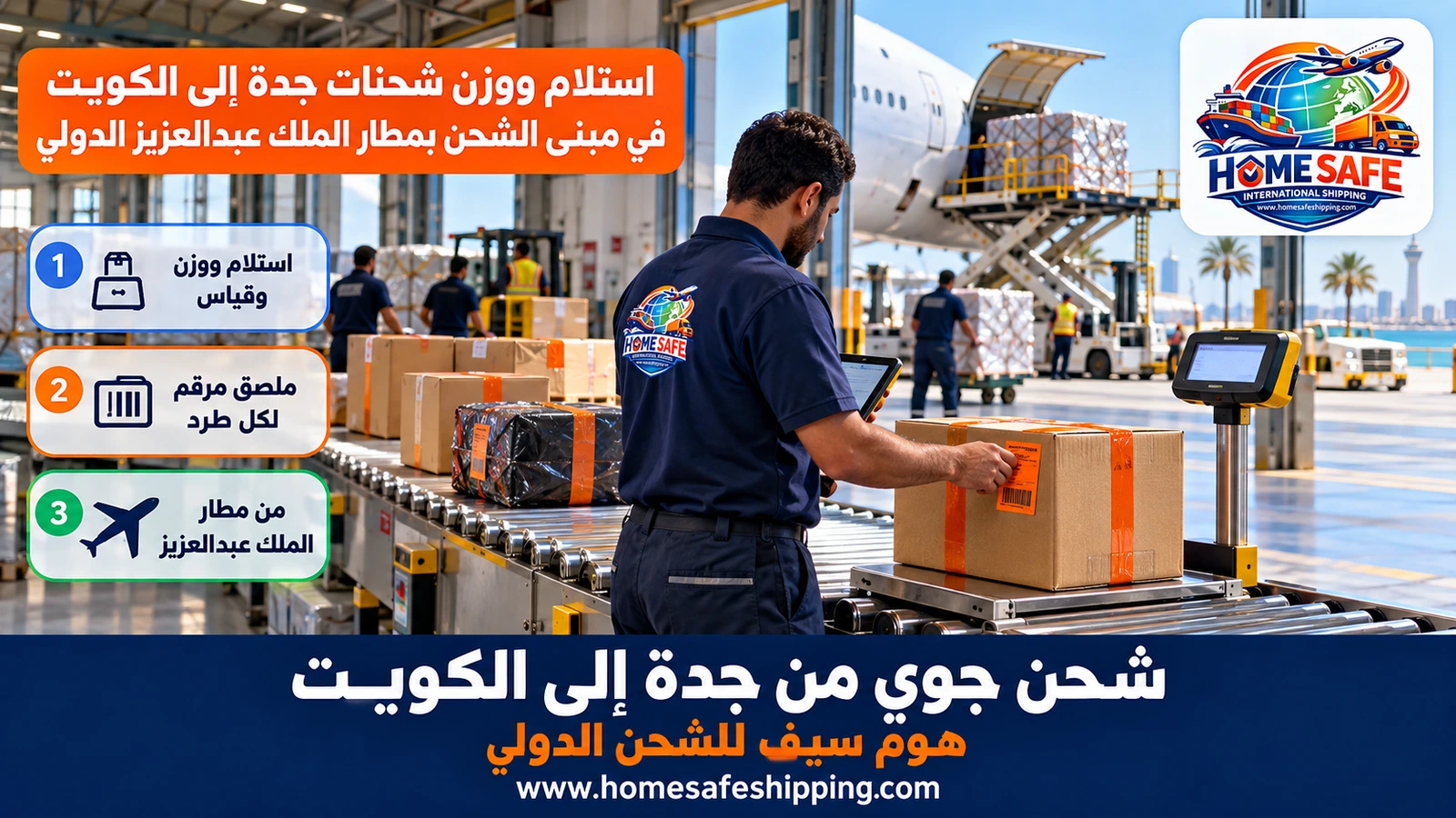 استلام ووزن شحنات جدة إلى الكويت في مبنى الشحن بمطار الملك عبدالعزيز الدولي