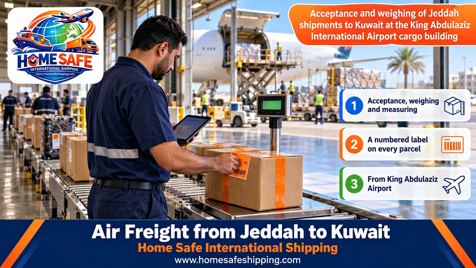 Acceptance and weighing of Jeddah shipments to Kuwait at the King Abdulaziz International Airport cargo building