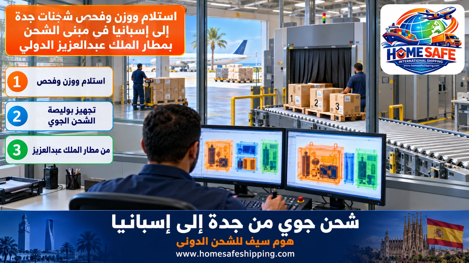 استلام ووزن وفحص شحنات جدة إلى إسبانيا في مبنى الشحن بمطار الملك عبدالعزيز الدولي
