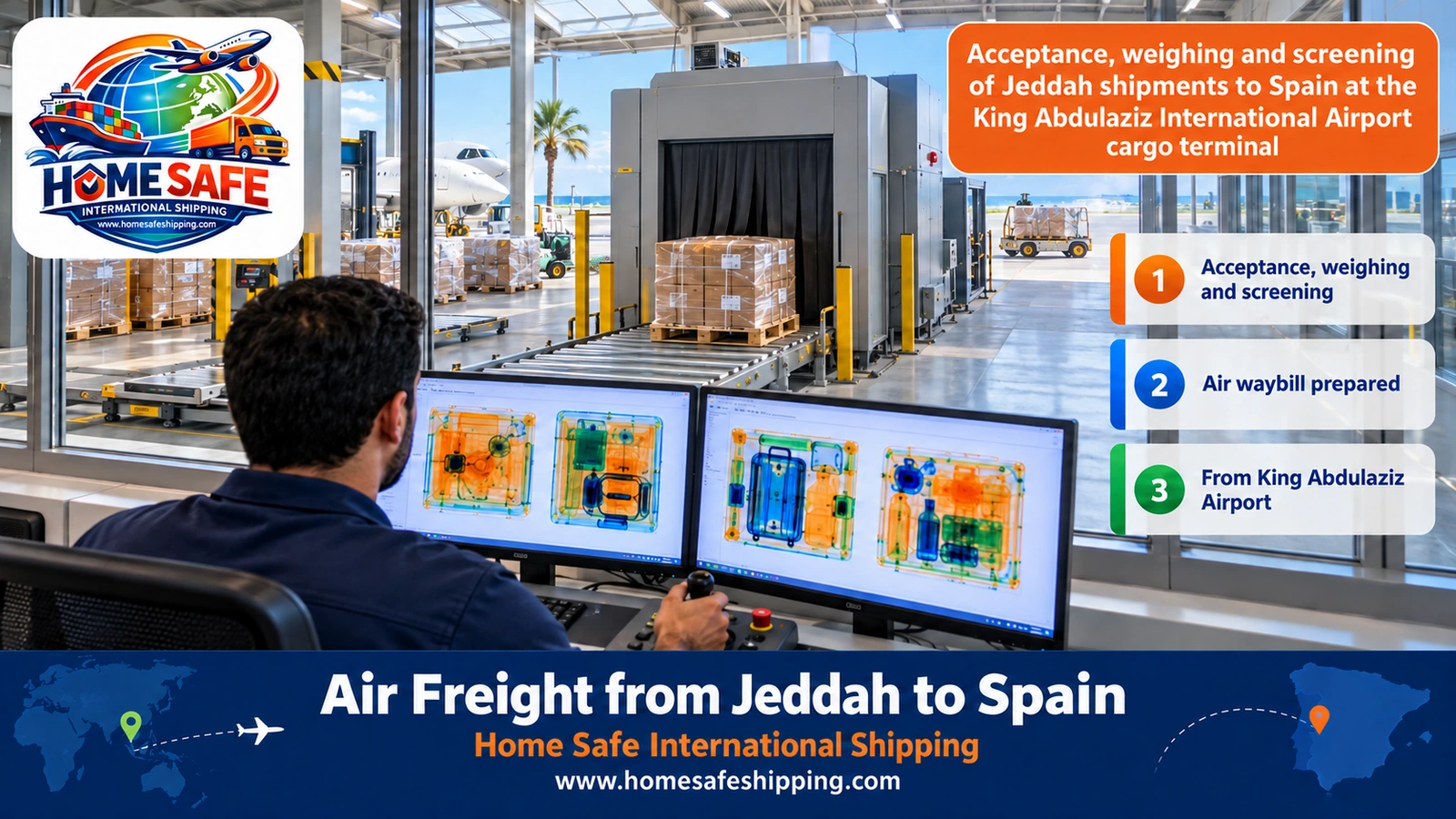 Acceptance, weighing and screening of Jeddah shipments to Spain at the King Abdulaziz International Airport cargo terminal