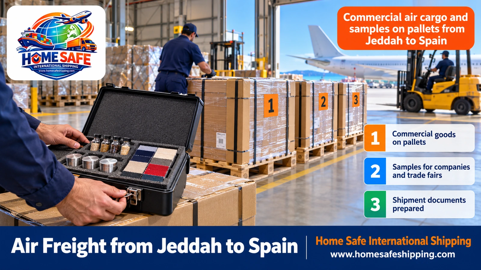 Commercial air cargo and samples on pallets from Jeddah to Spain