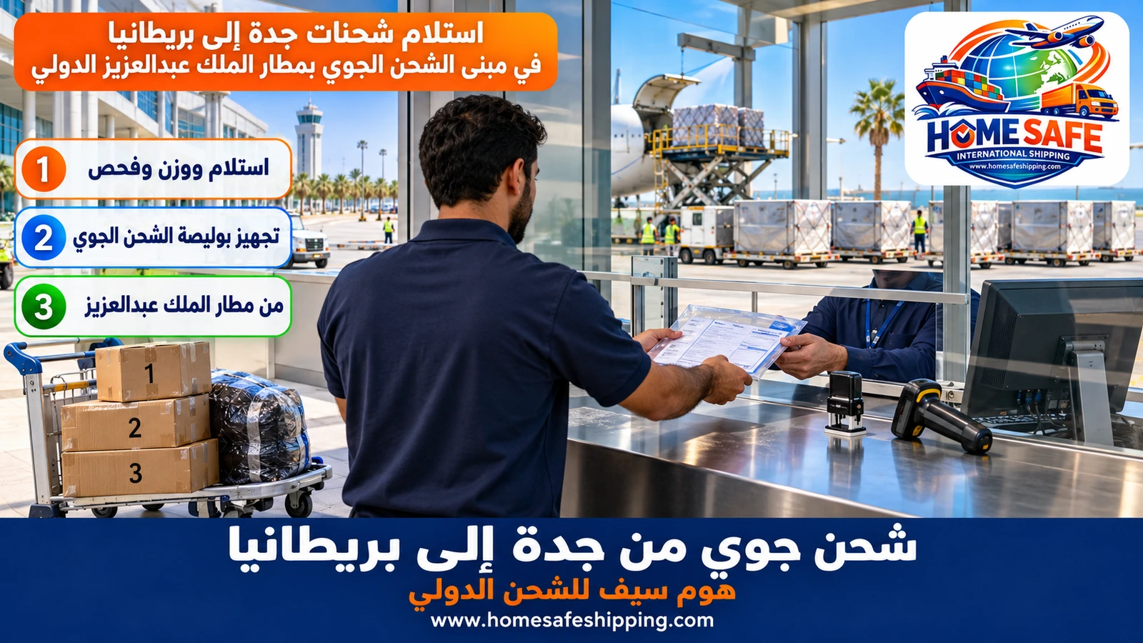 استلام شحنات جدة إلى بريطانيا في مبنى الشحن الجوي بمطار الملك عبدالعزيز الدولي