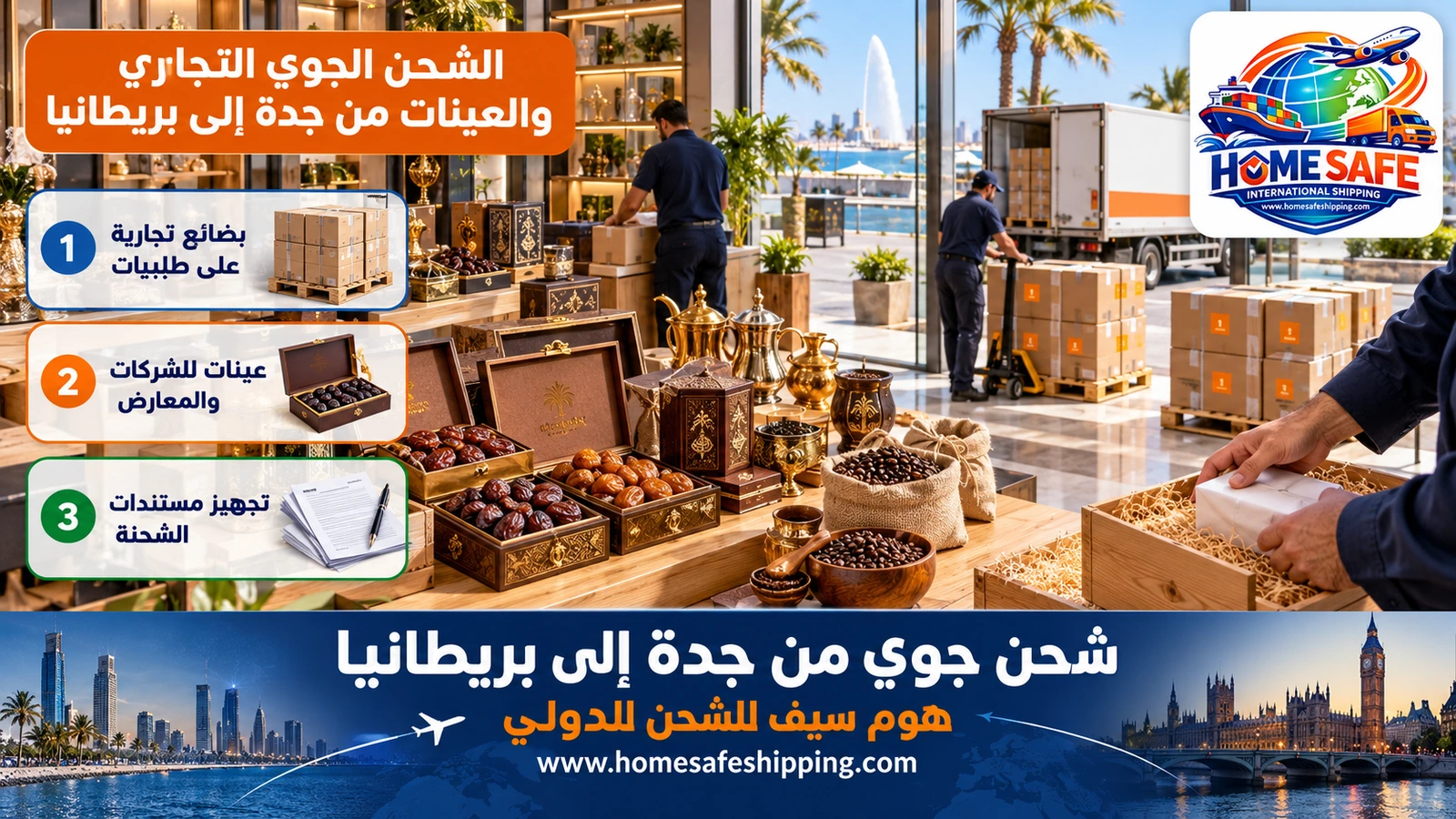 الشحن الجوي التجاري والعينات من جدة إلى بريطانيا