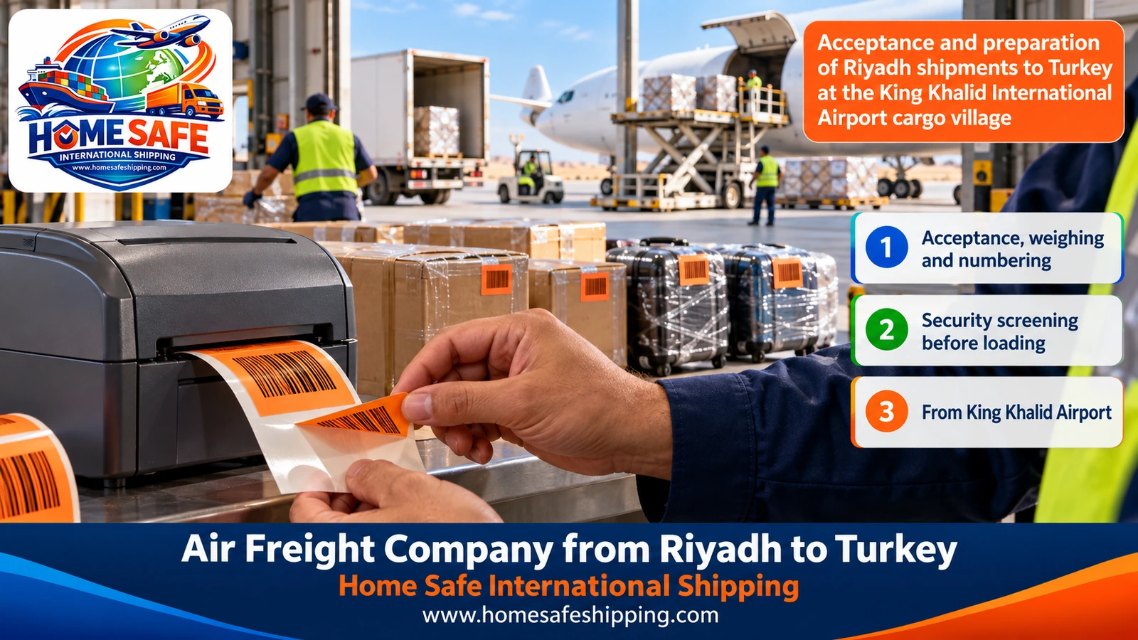 Acceptance and preparation of Riyadh shipments to Turkey at the King Khalid International Airport cargo village
