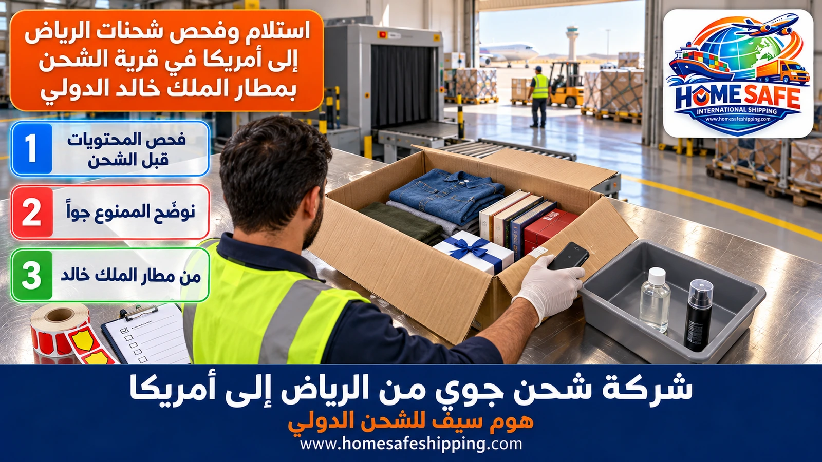 استلام وفحص شحنات الرياض إلى أمريكا في قرية الشحن بمطار الملك خالد الدولي