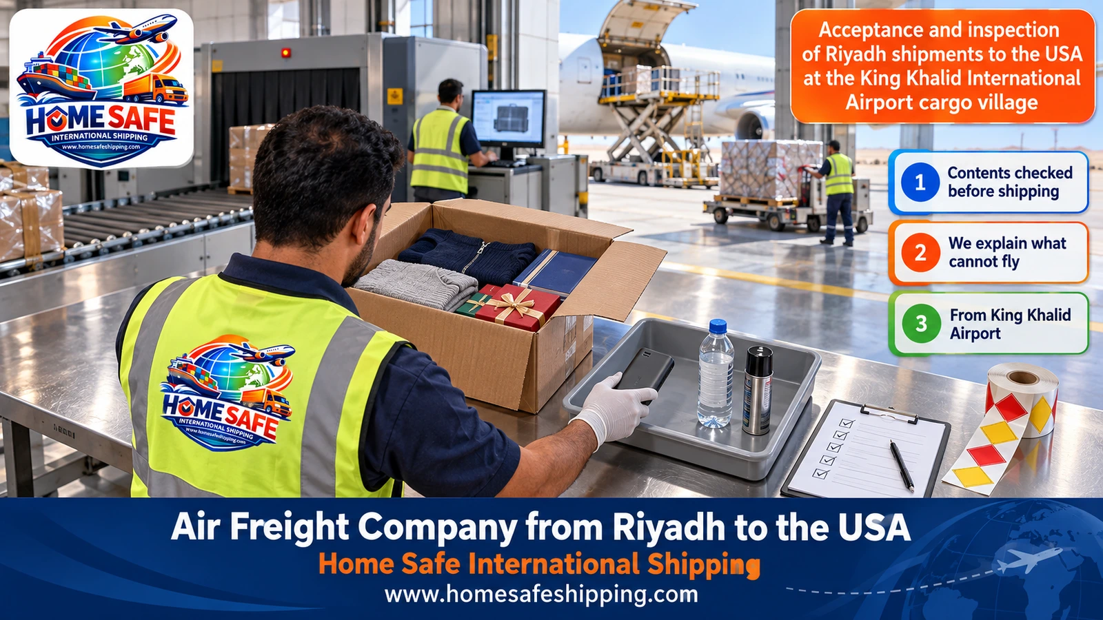 Acceptance and inspection of Riyadh shipments to the USA at the King Khalid International Airport cargo village