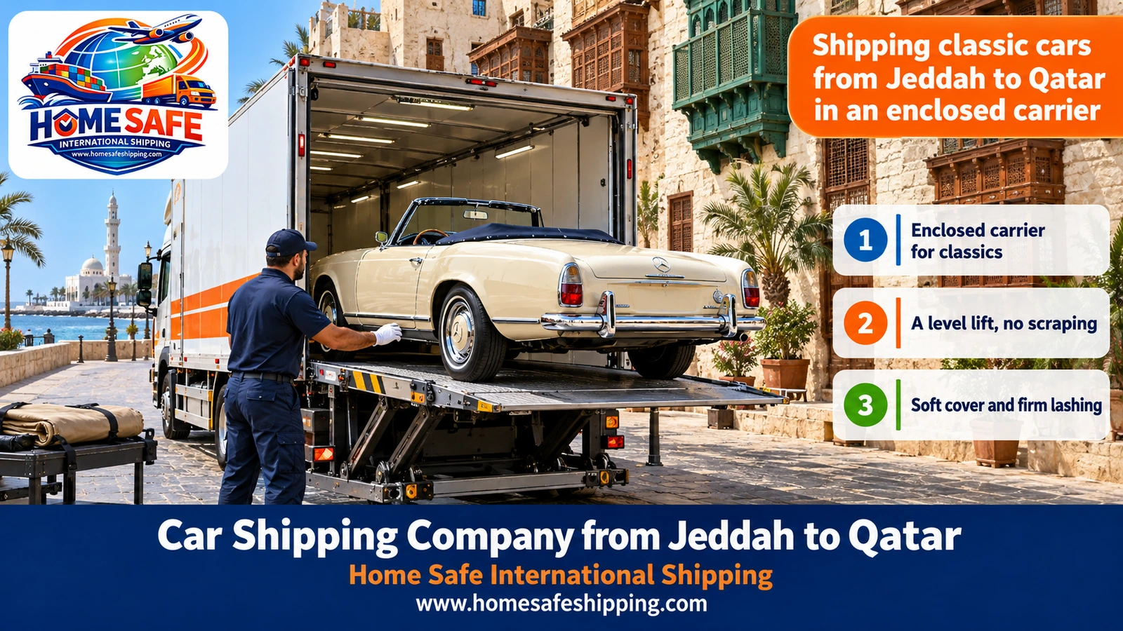Shipping classic cars from Jeddah to Qatar in an enclosed carrier