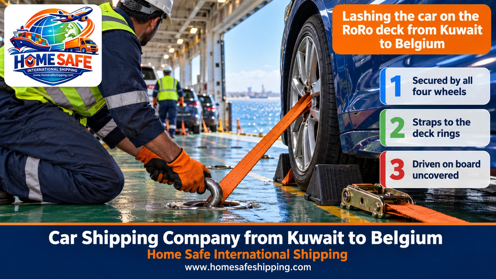 Lashing the car on the RoRo deck from Kuwait to Belgium