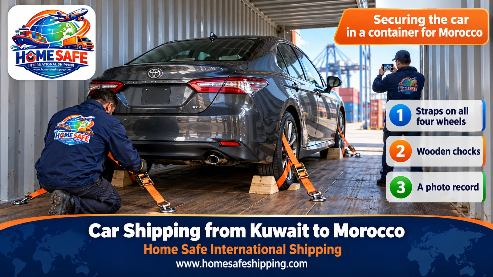 Securing a car inside a container before shipping it to Morocco