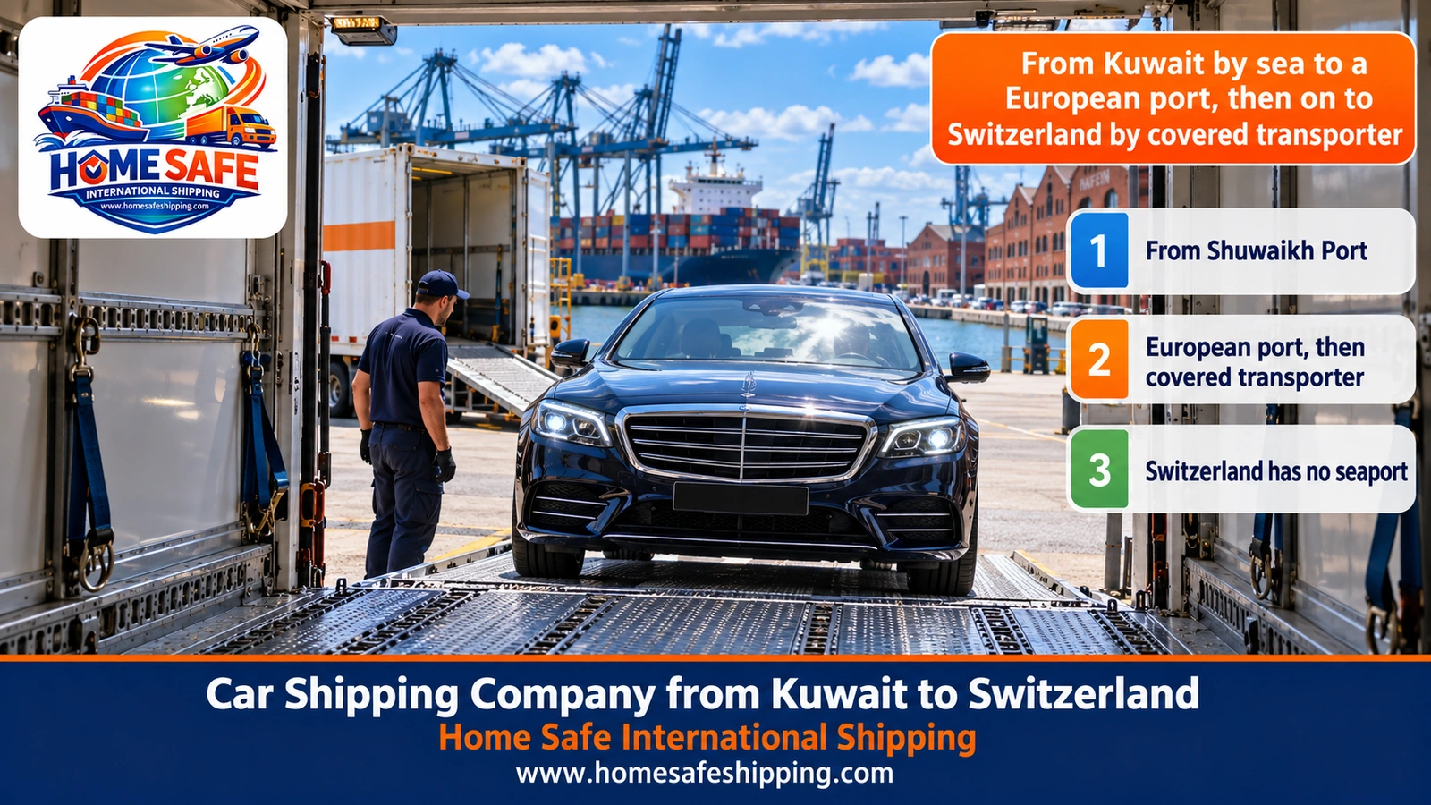 From Kuwait by sea to a European port, then on to Switzerland by covered transporter