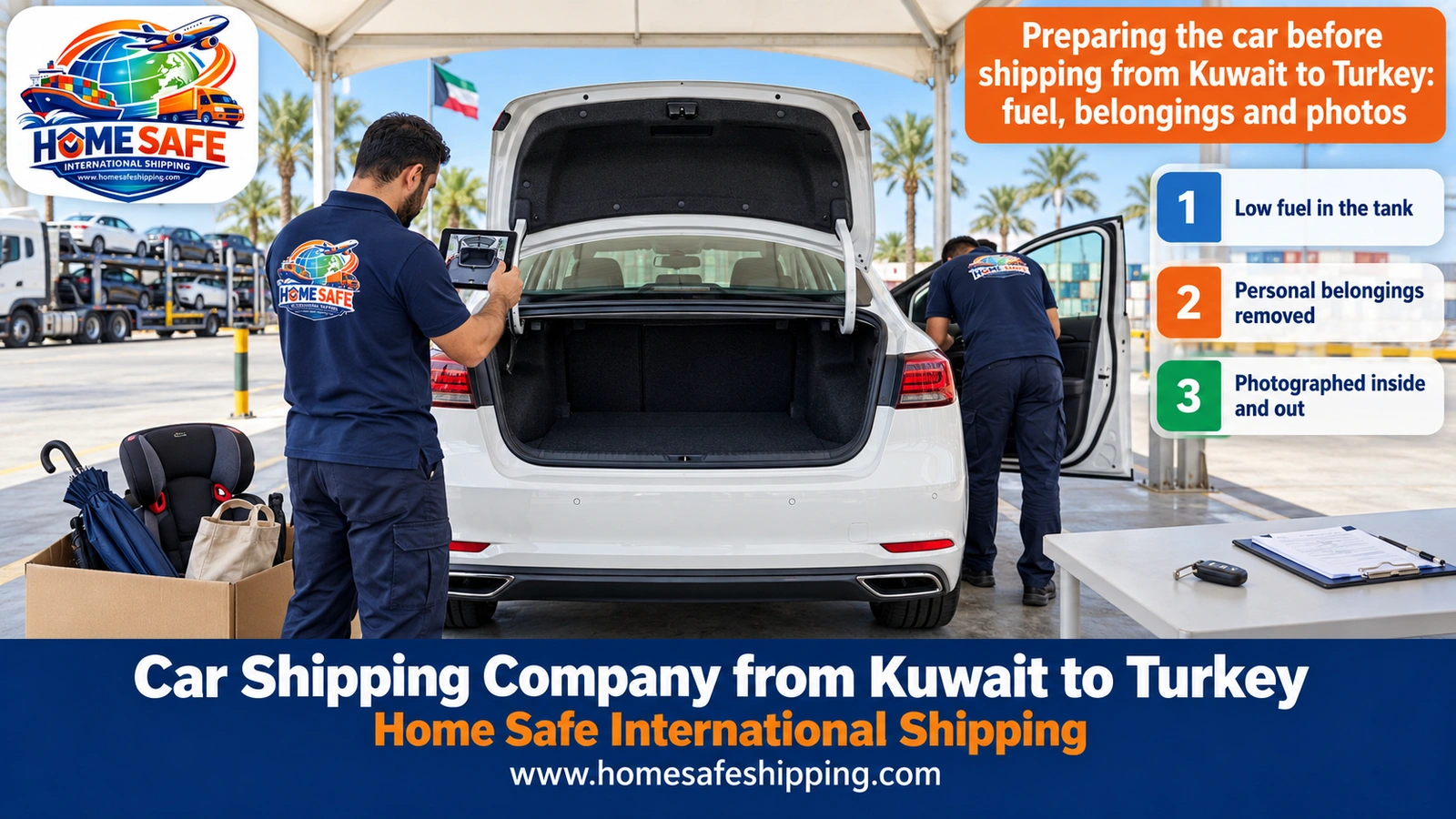 Preparing the car before shipping from Kuwait to Turkey: fuel, belongings and photos