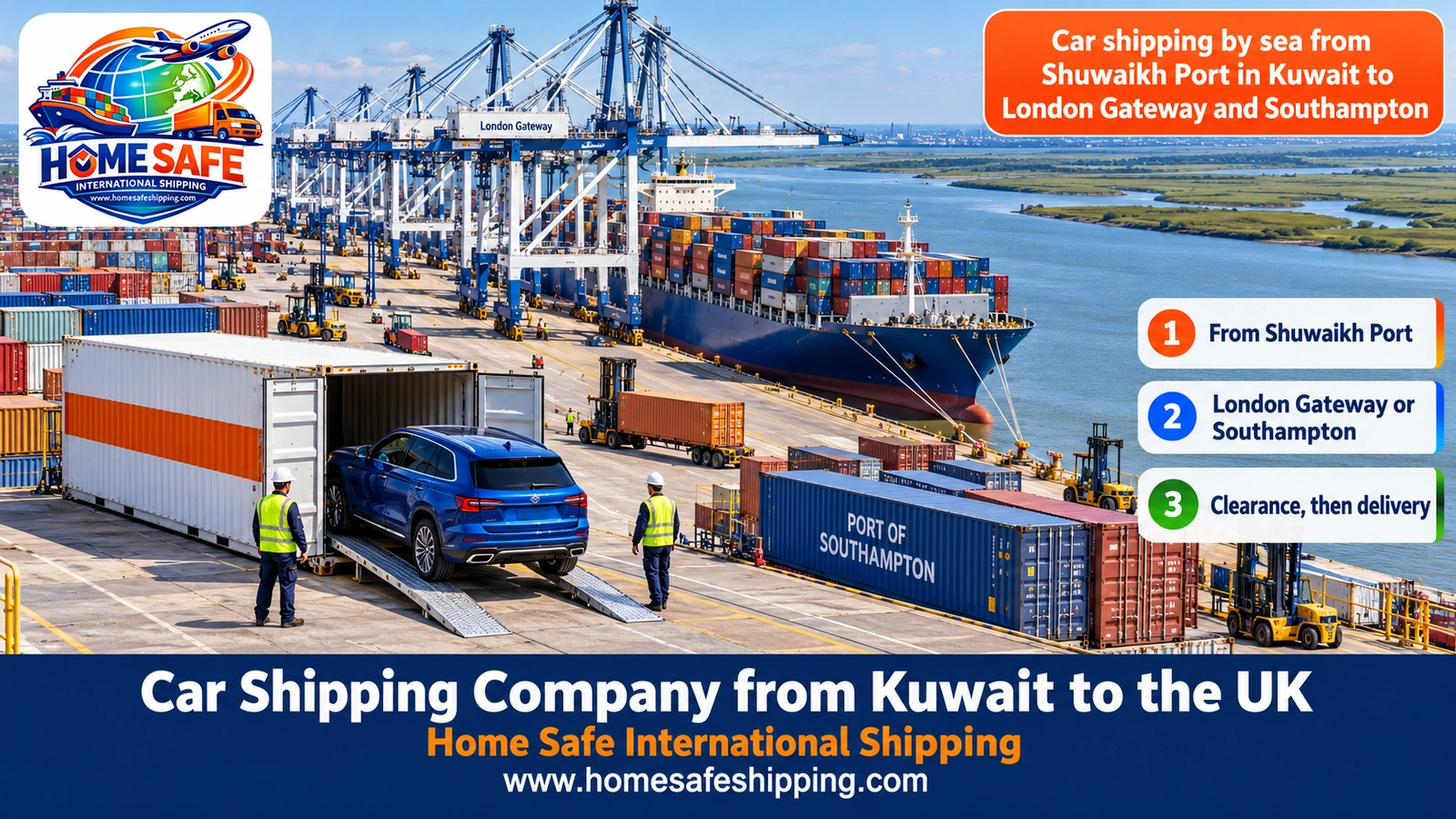 Car shipping by sea from Shuwaikh Port in Kuwait to London Gateway and Southampton