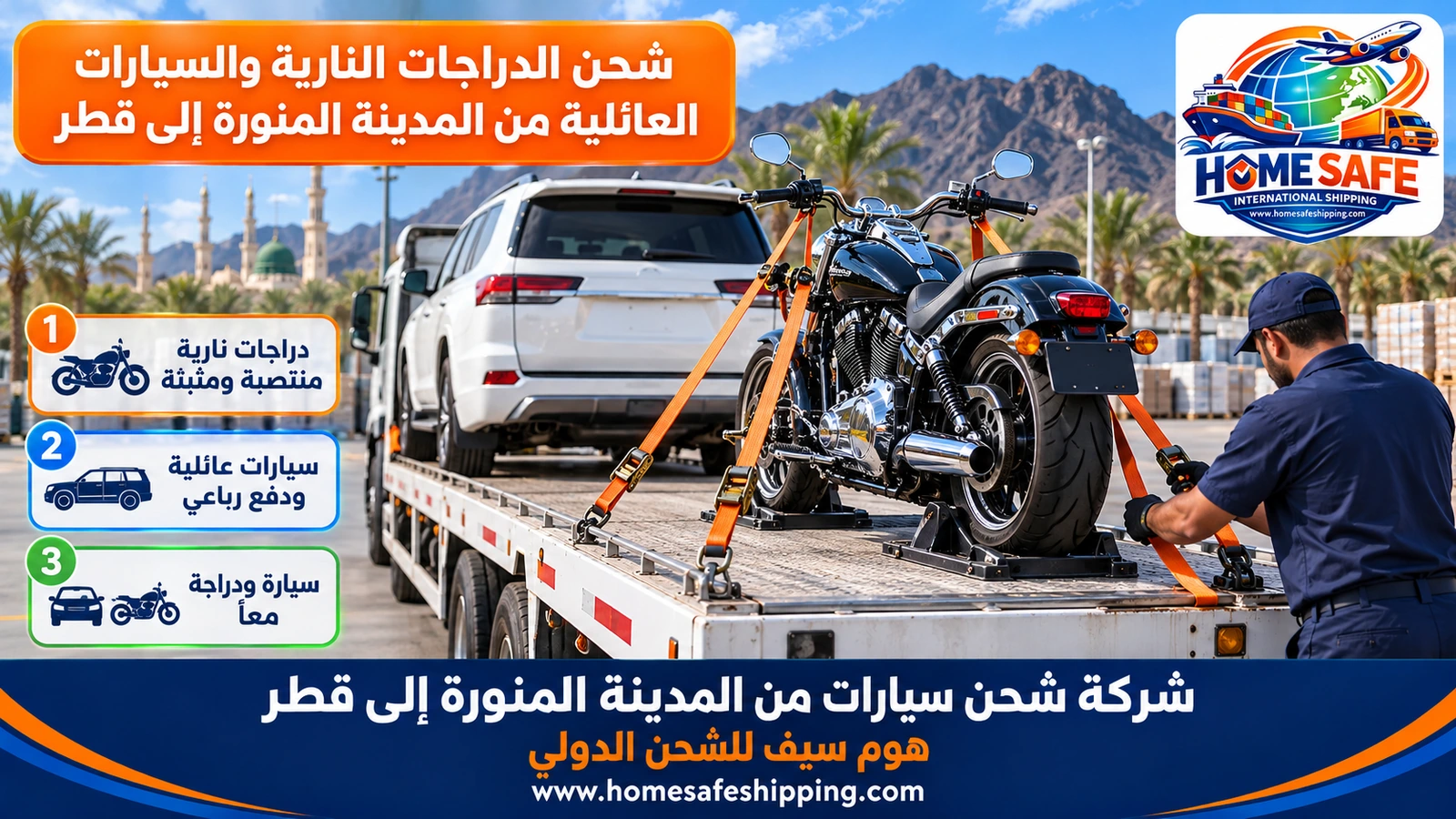 شحن الدراجات النارية والسيارات العائلية من المدينة المنورة إلى قطر