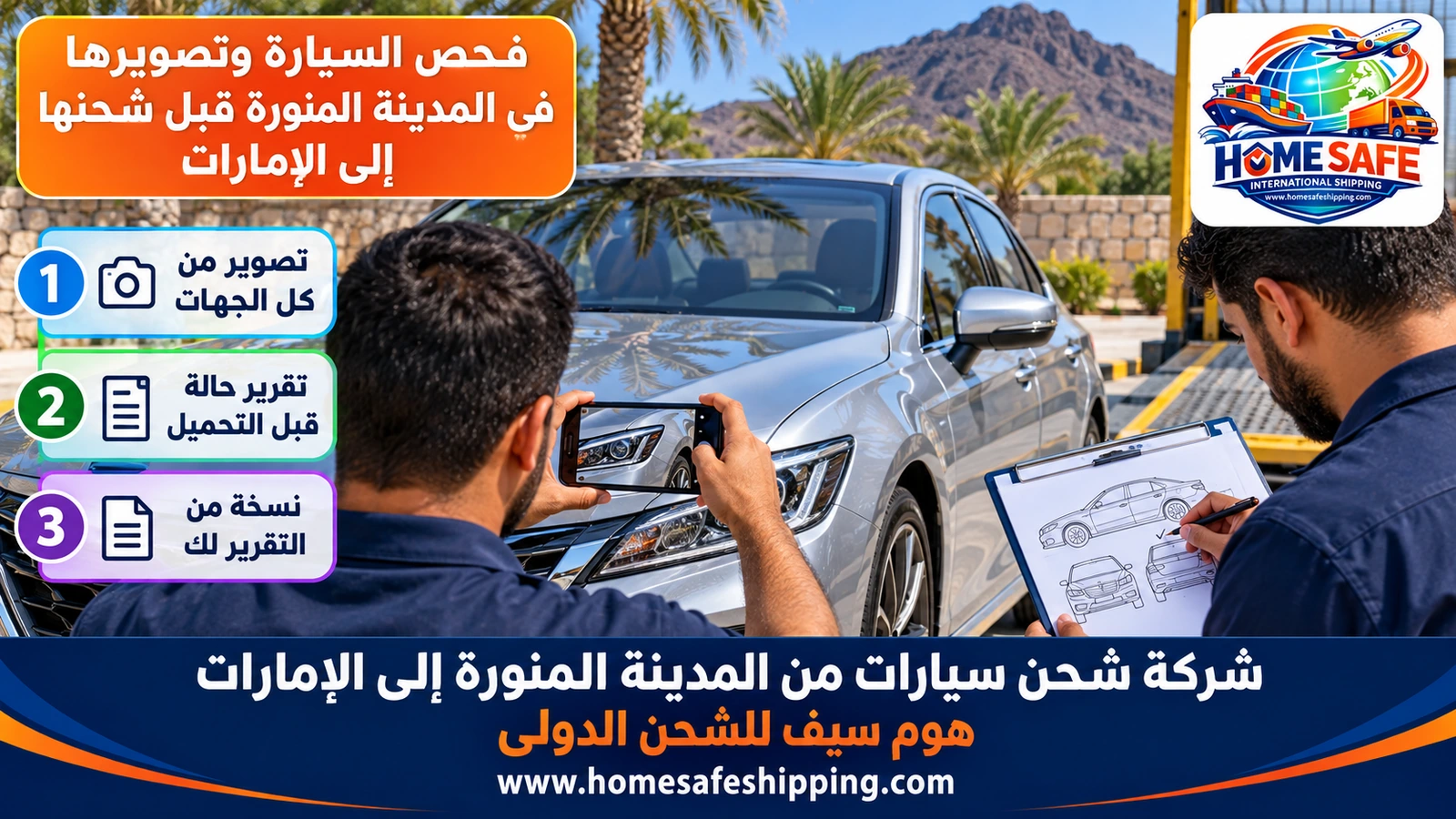 فحص السيارة وتصويرها في المدينة المنورة قبل شحنها إلى الإمارات