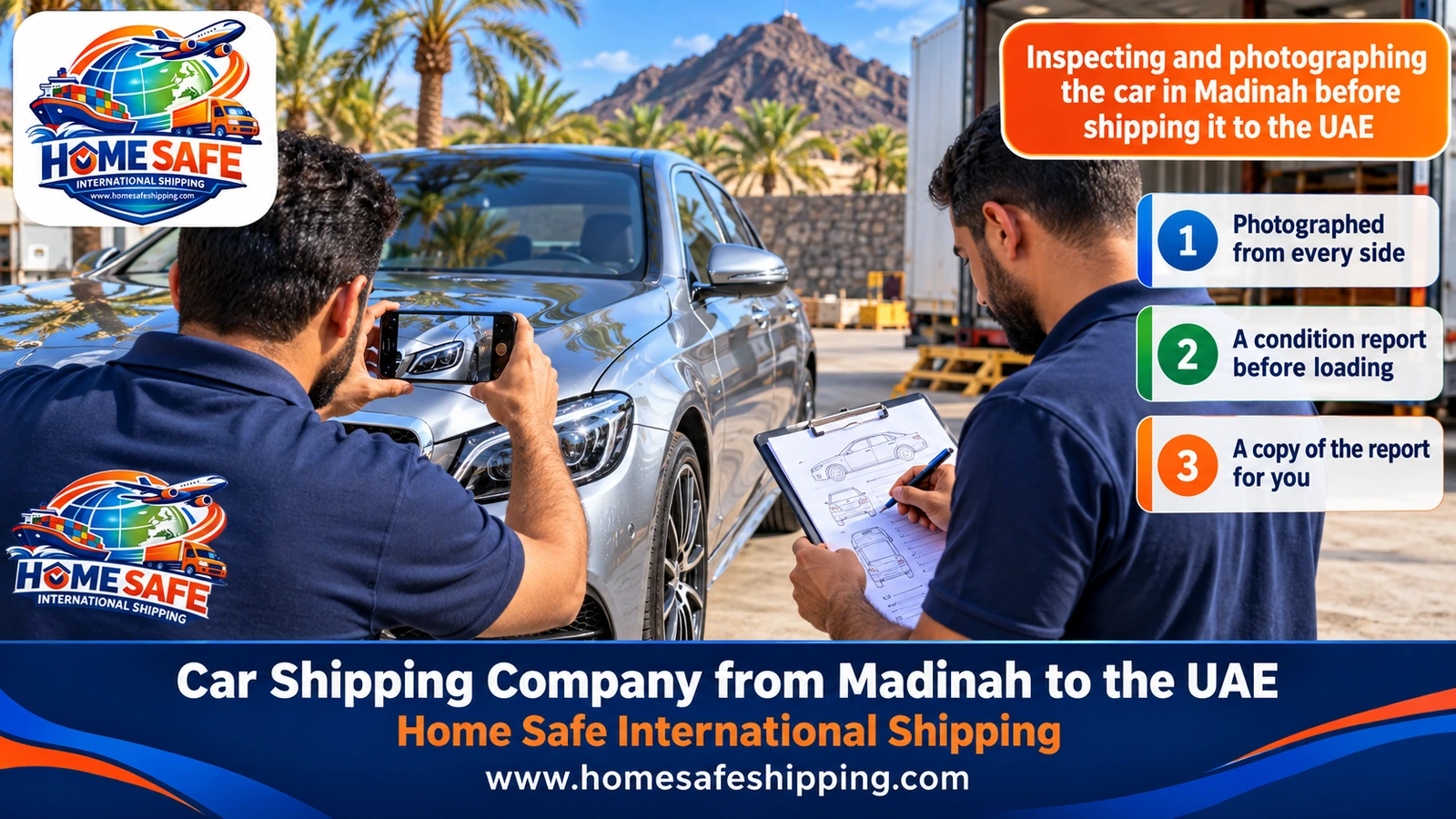 Inspecting and photographing the car in Madinah before shipping it to the UAE