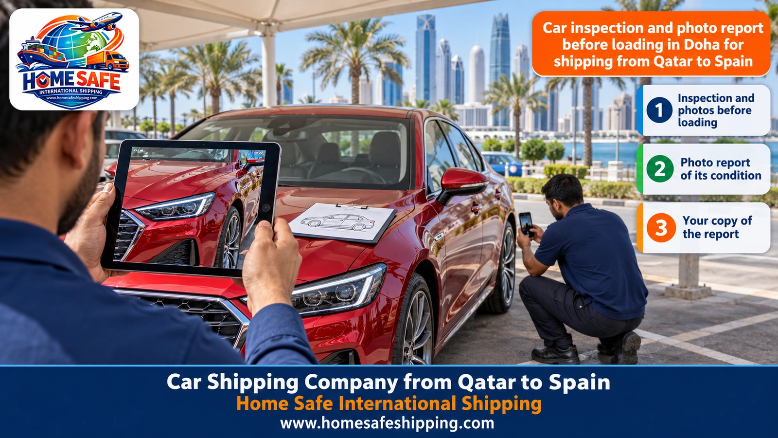 Car inspection and photo report before loading in Doha for shipping from Qatar to Spain