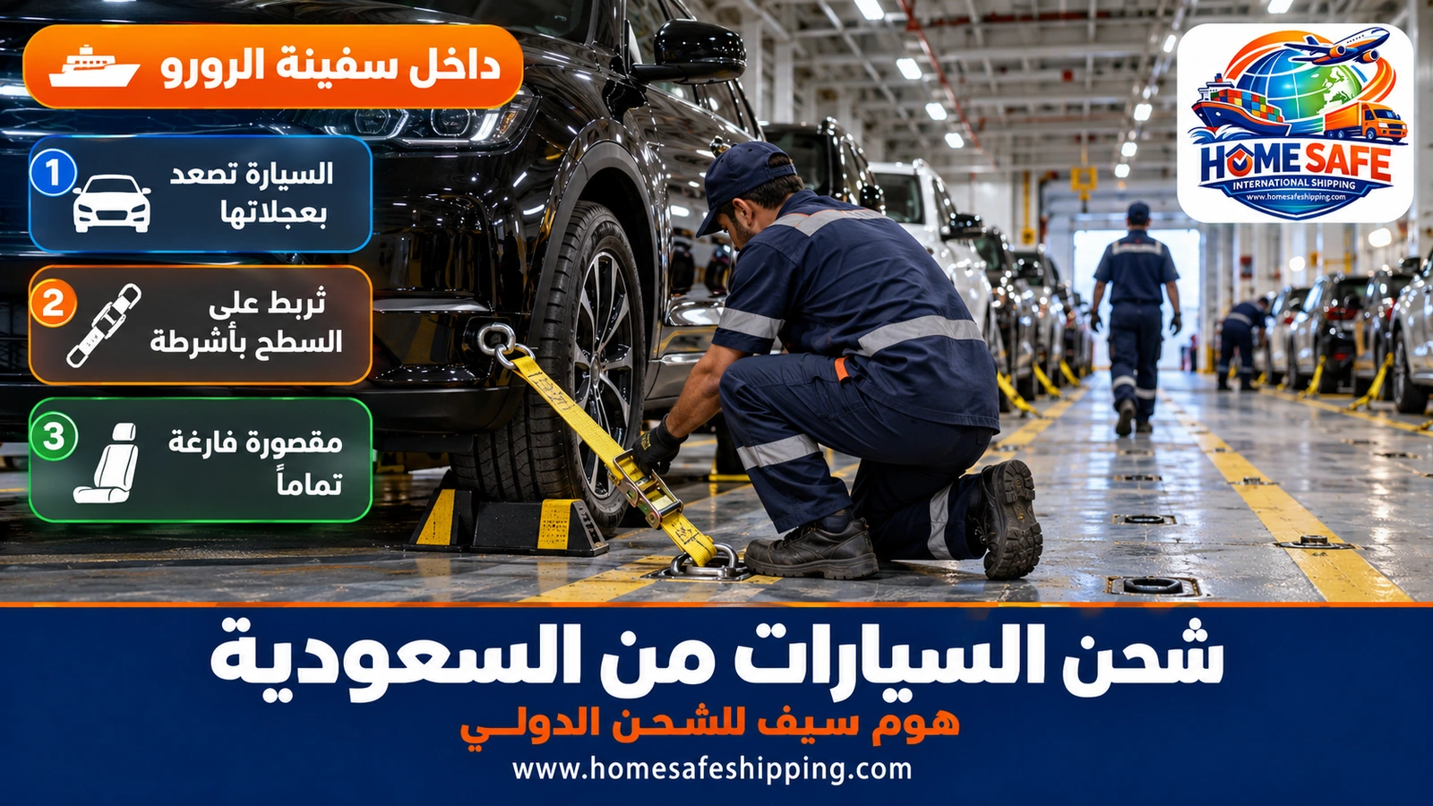 تثبيت السيارات داخل سفينة الرورو