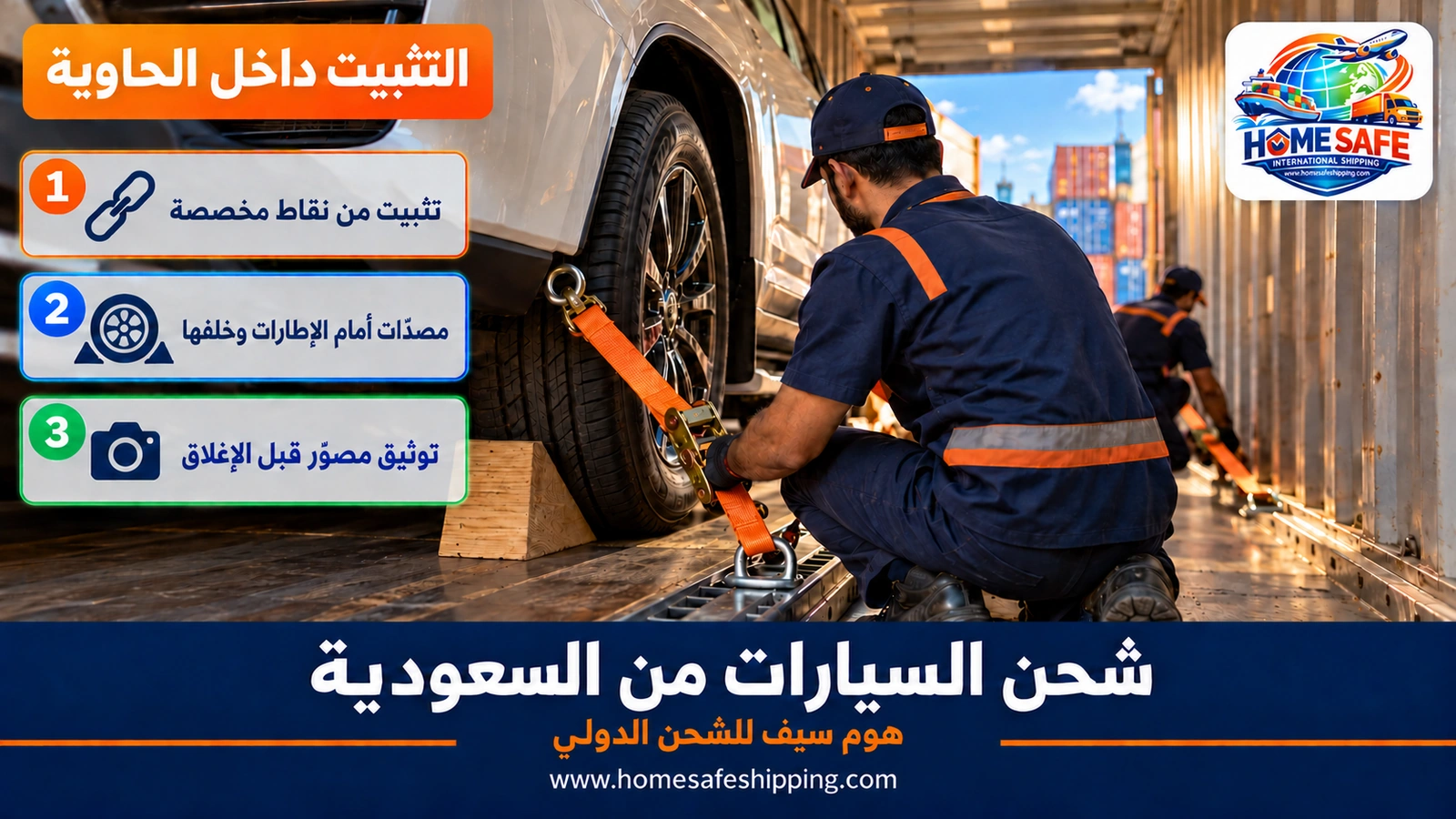 تثبيت السيارة داخل الحاوية بالأشرطة والألواح