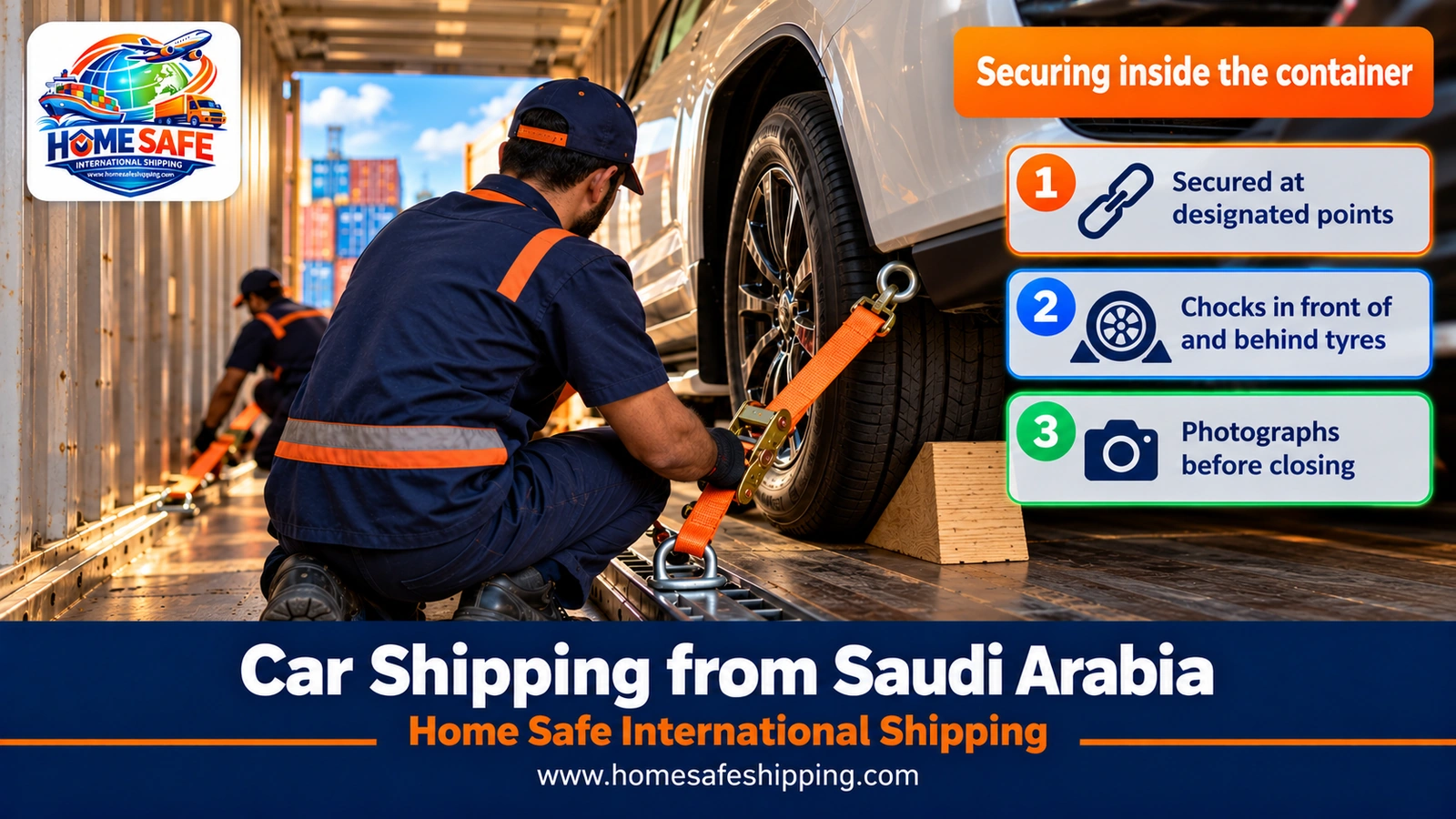 Securing a car inside a container with straps and chocks