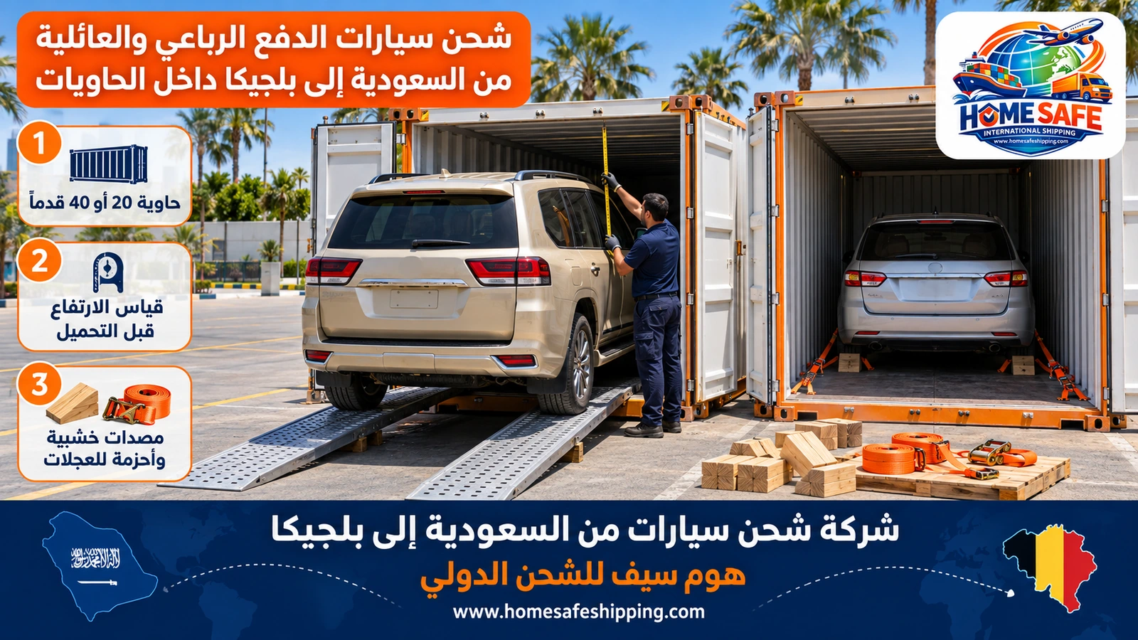 شحن سيارات الدفع الرباعي والعائلية من السعودية إلى بلجيكا داخل الحاويات