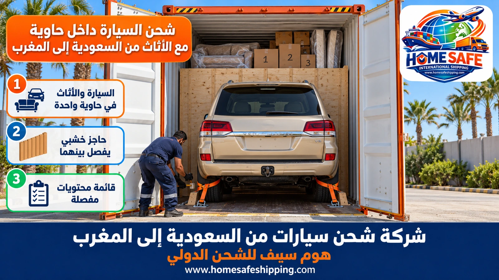 شحن السيارة داخل حاوية مع الأثاث من السعودية إلى المغرب