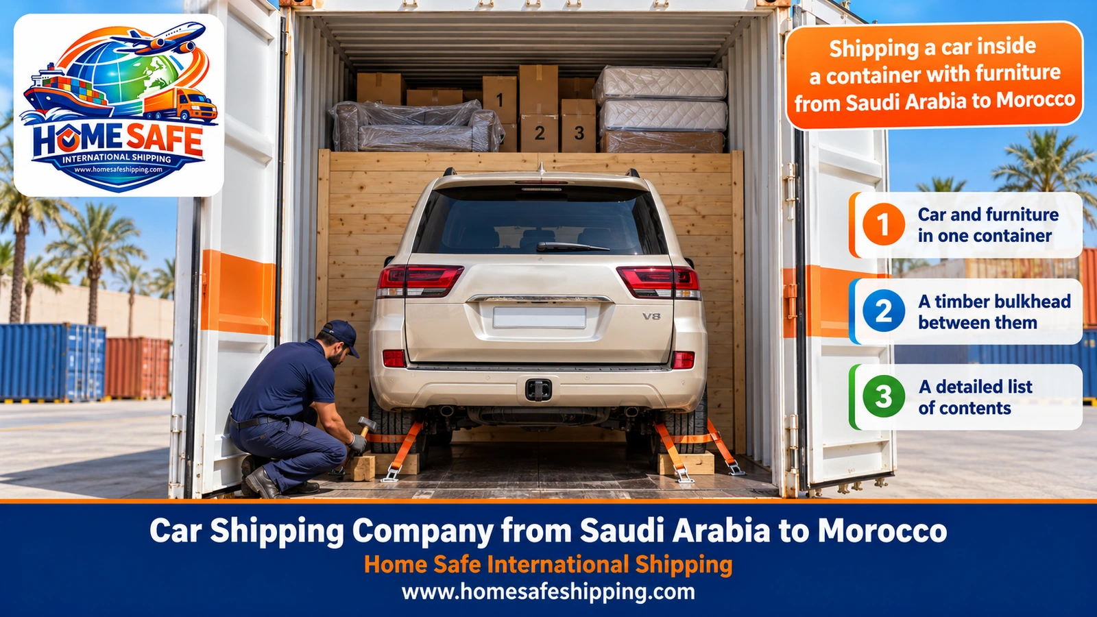 Shipping a car inside a container with furniture from Saudi Arabia to Morocco