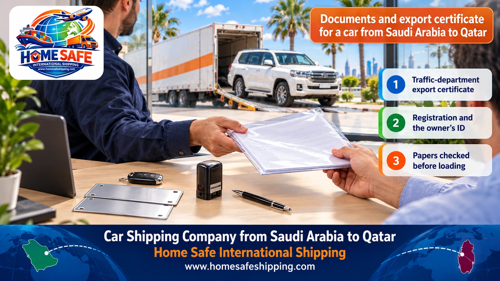 Documents and export certificate for a car from Saudi Arabia to Qatar