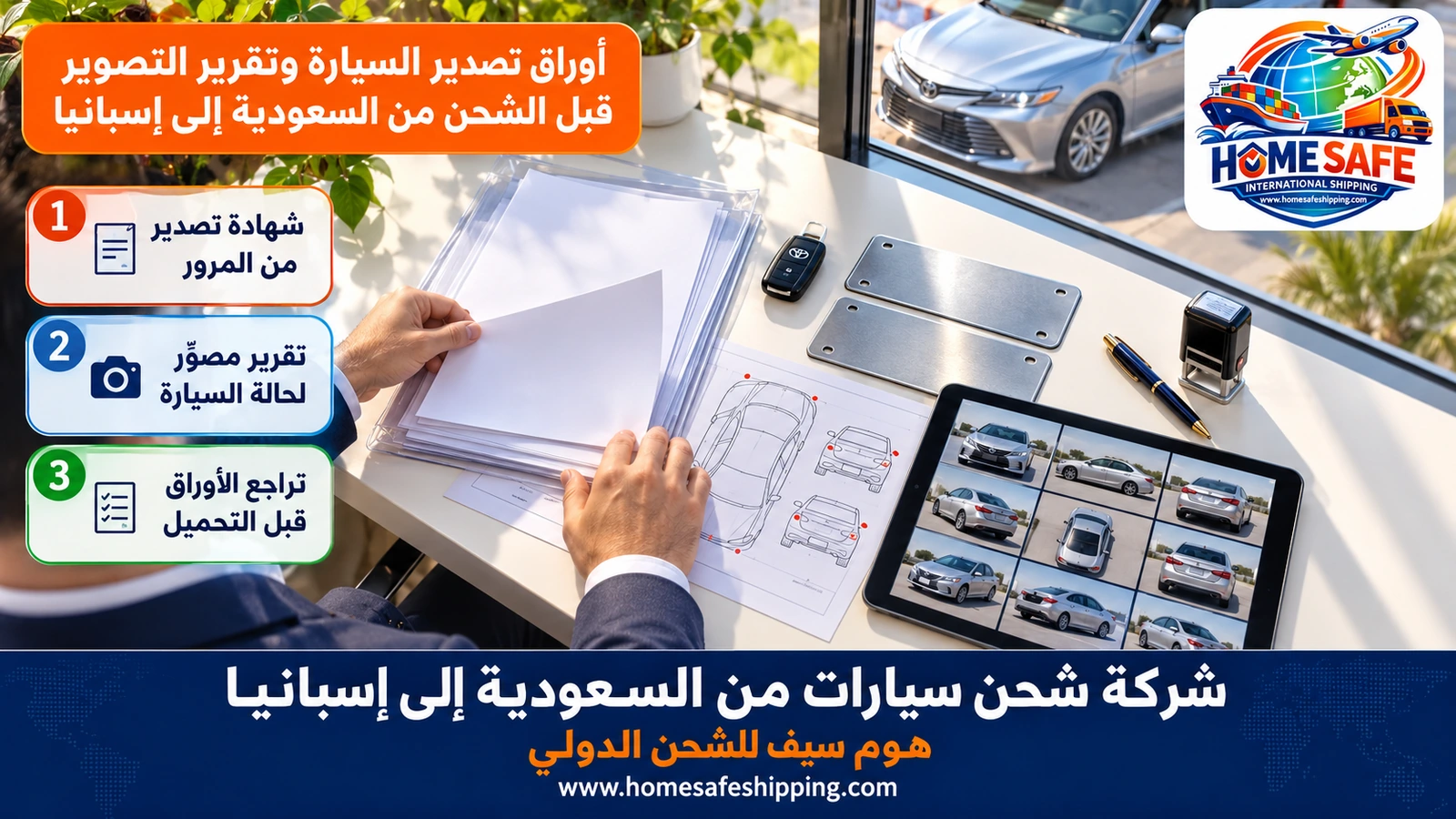 أوراق تصدير السيارة وتقرير التصوير قبل الشحن من السعودية إلى إسبانيا
