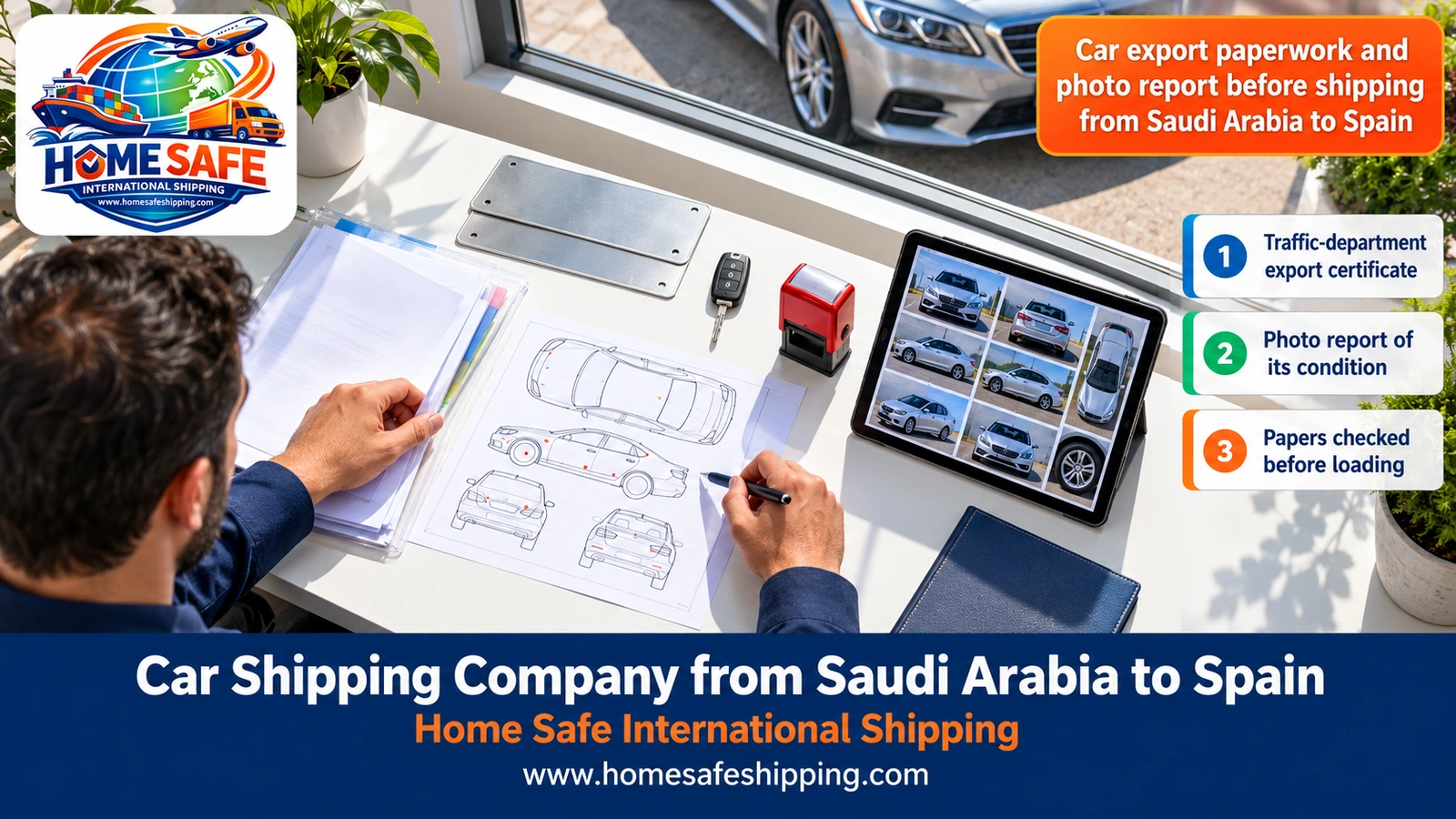 Car export paperwork and photo report before shipping from Saudi Arabia to Spain