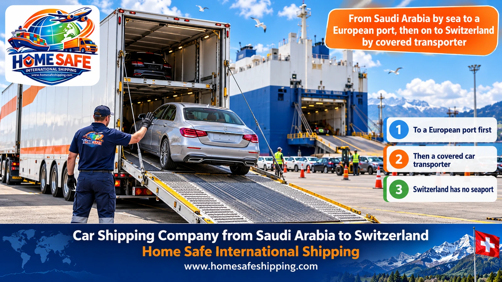 From Saudi Arabia by sea to a European port, then on to Switzerland by covered transporter