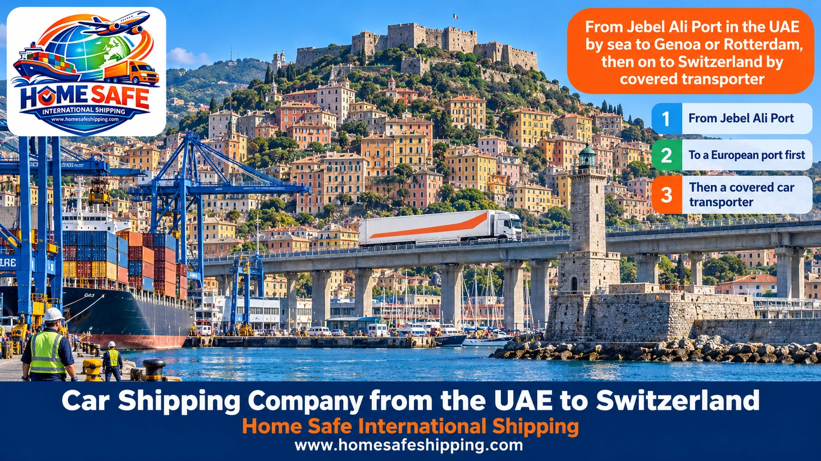 From Jebel Ali Port in the UAE by sea to Genoa or Rotterdam, then on to Switzerland by covered transporter