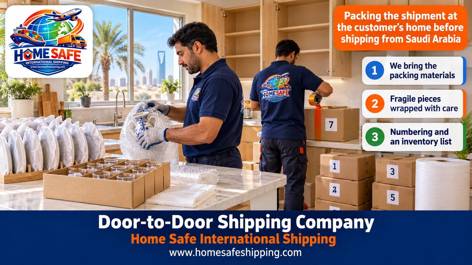 Packing the shipment at the customer’s home before shipping from Saudi Arabia