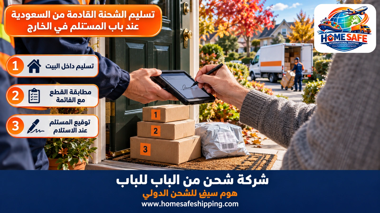 تسليم الشحنة القادمة من السعودية عند باب المستلم في الخارج