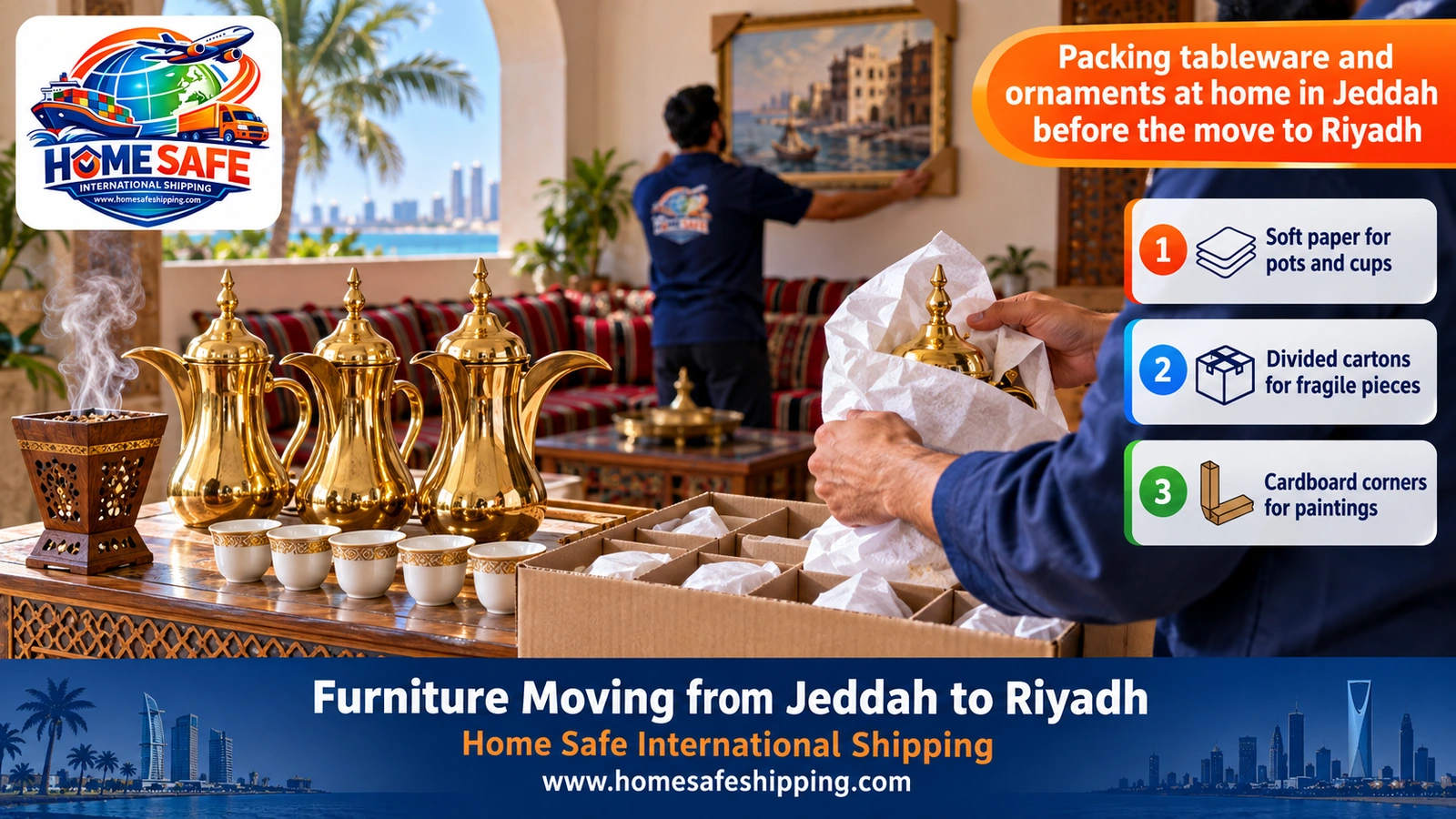 Packing tableware and ornaments at home in Jeddah before the move to Riyadh