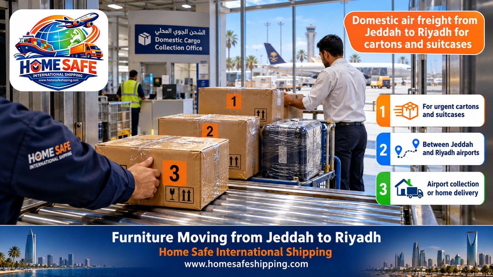 Domestic air freight from Jeddah to Riyadh for cartons and suitcases