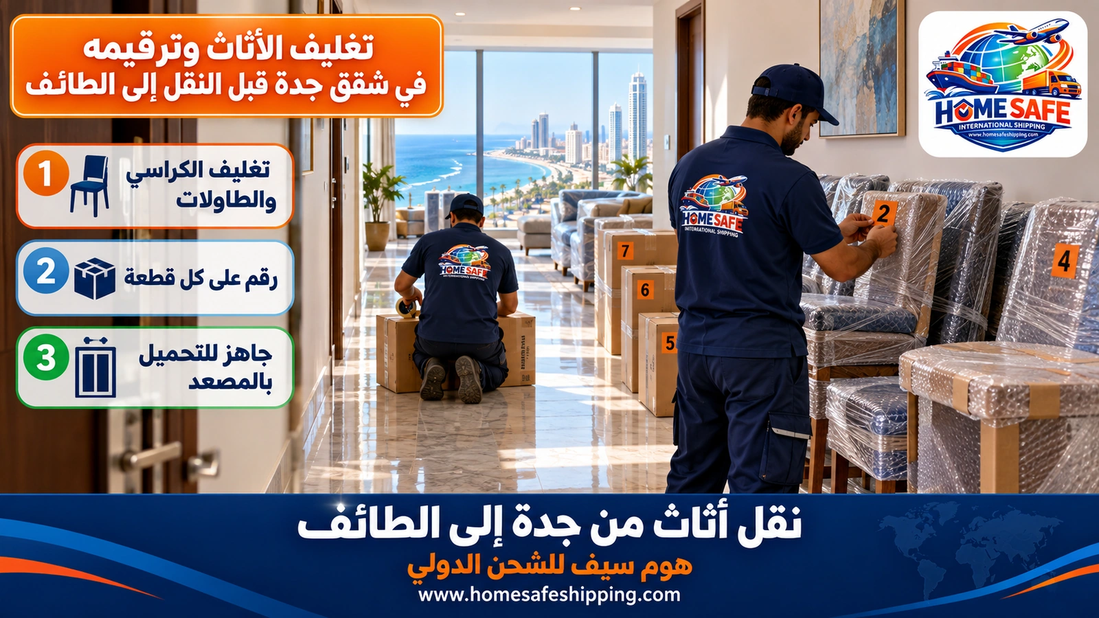 تغليف الأثاث وترقيمه في شقق جدة قبل النقل إلى الطائف
