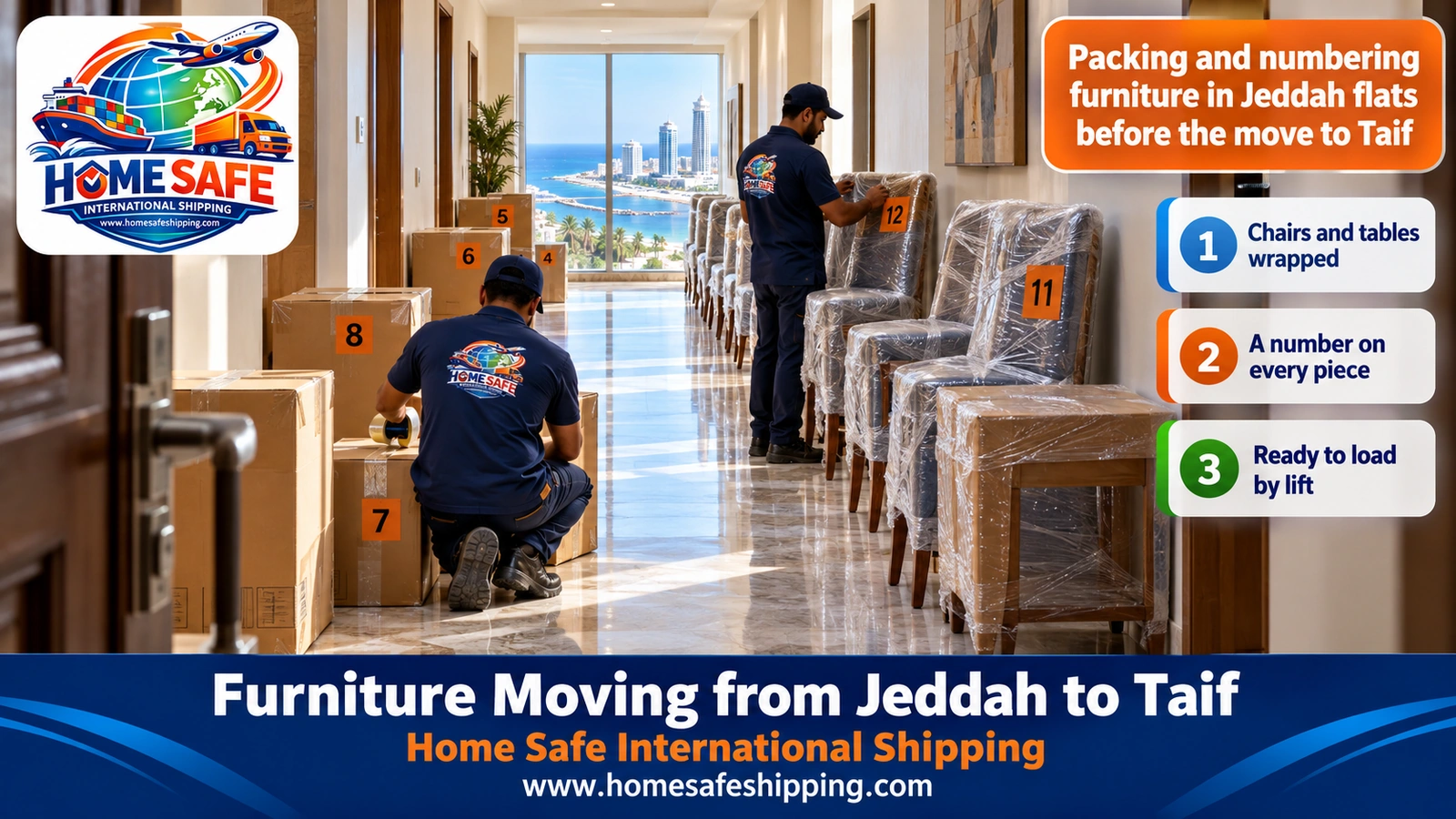 Packing and numbering furniture in Jeddah flats before the move to Taif