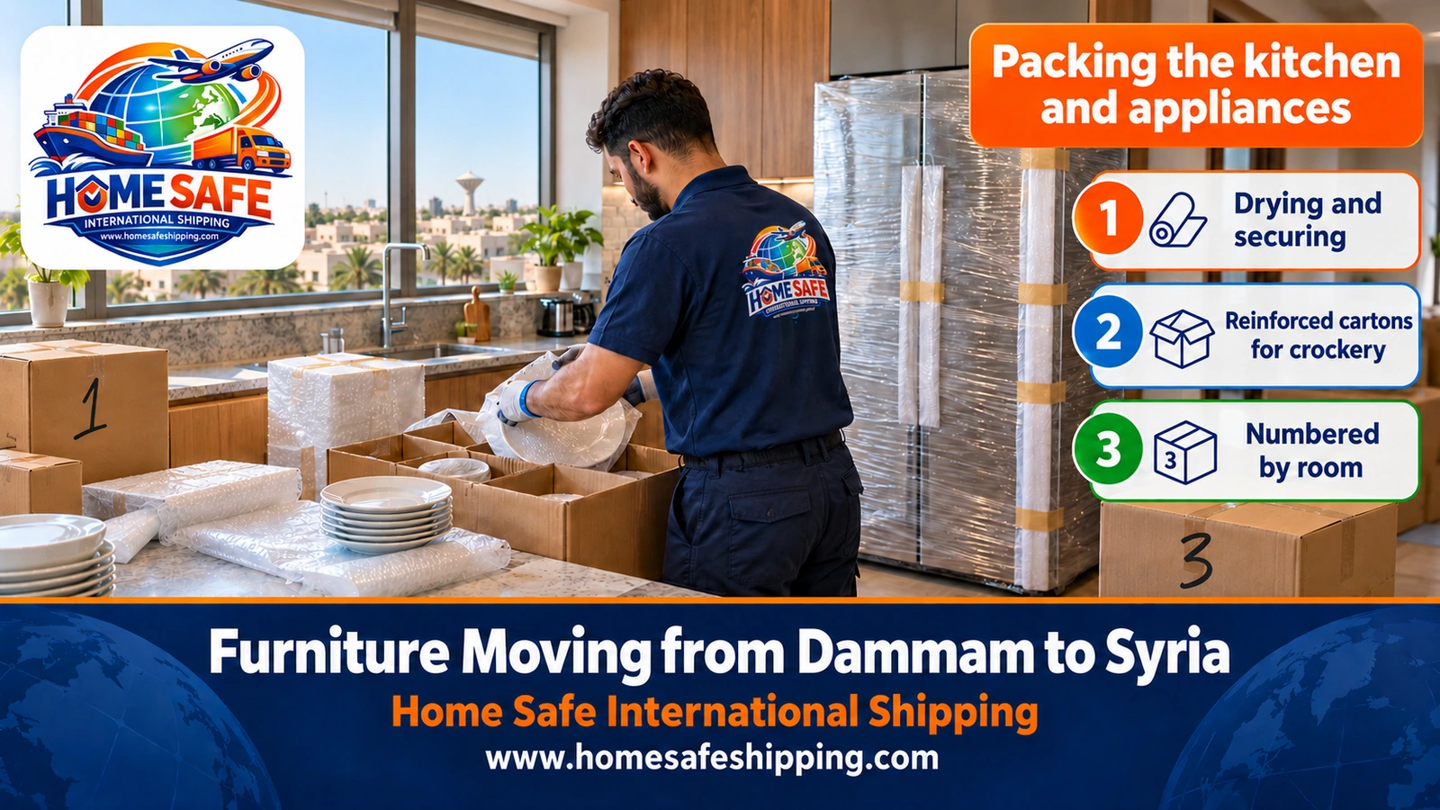 Packing kitchenware and appliances before the move from Dammam to Syria