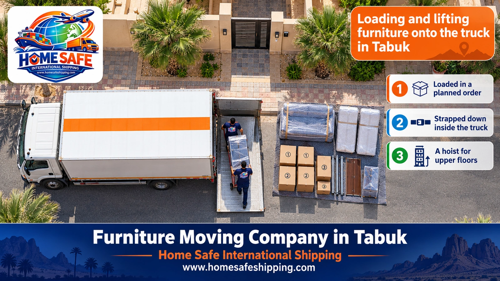 Loading and lifting furniture onto the truck in Tabuk