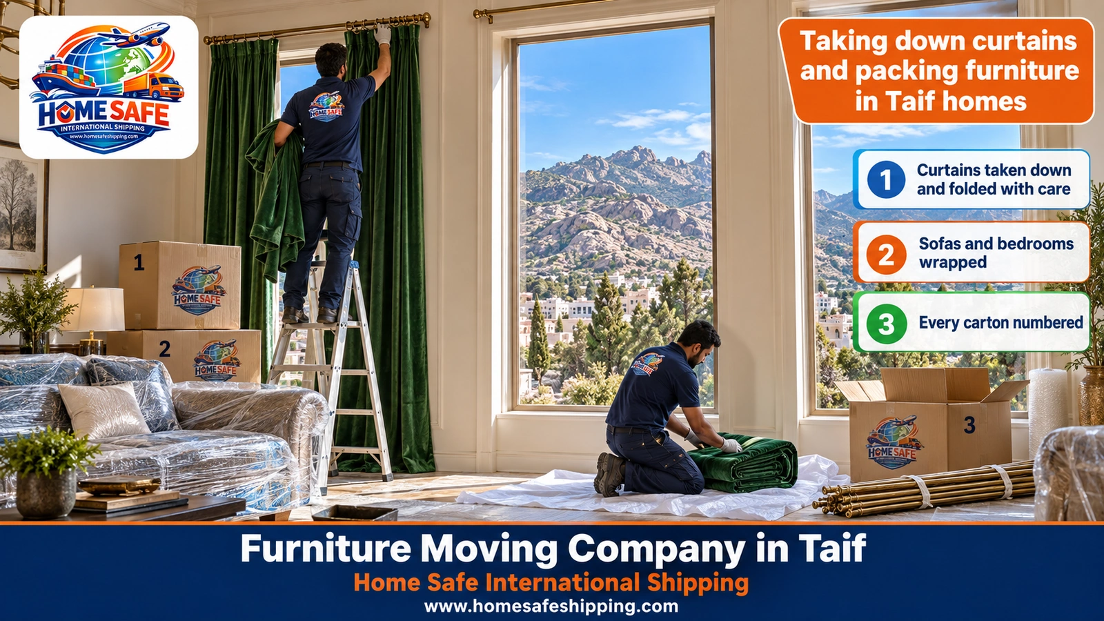 Taking down curtains and packing furniture in Taif homes