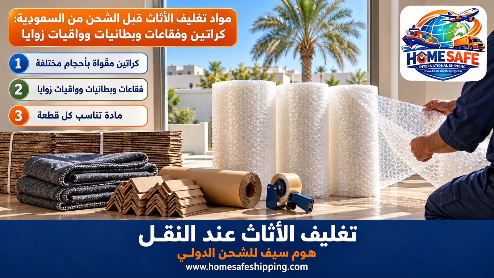 مواد تغليف الأثاث قبل الشحن من السعودية: كراتين وفقاعات وبطانيات وواقيات زوايا