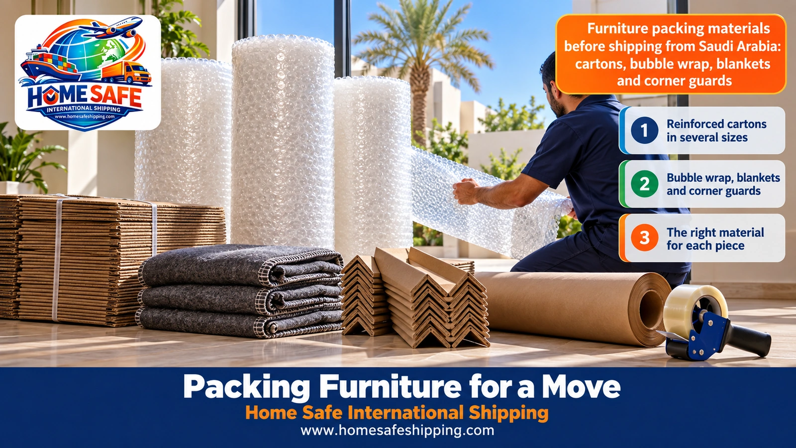 Furniture packing materials before shipping from Saudi Arabia: cartons, bubble wrap, blankets and corner guards