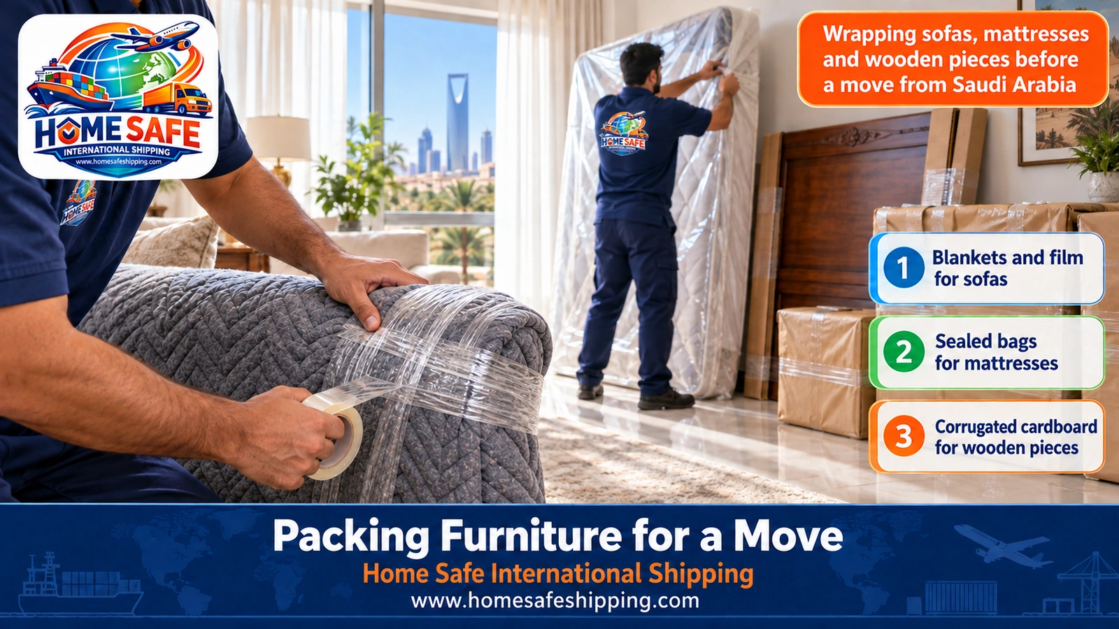 Wrapping sofas, mattresses and wooden pieces before a move from Saudi Arabia