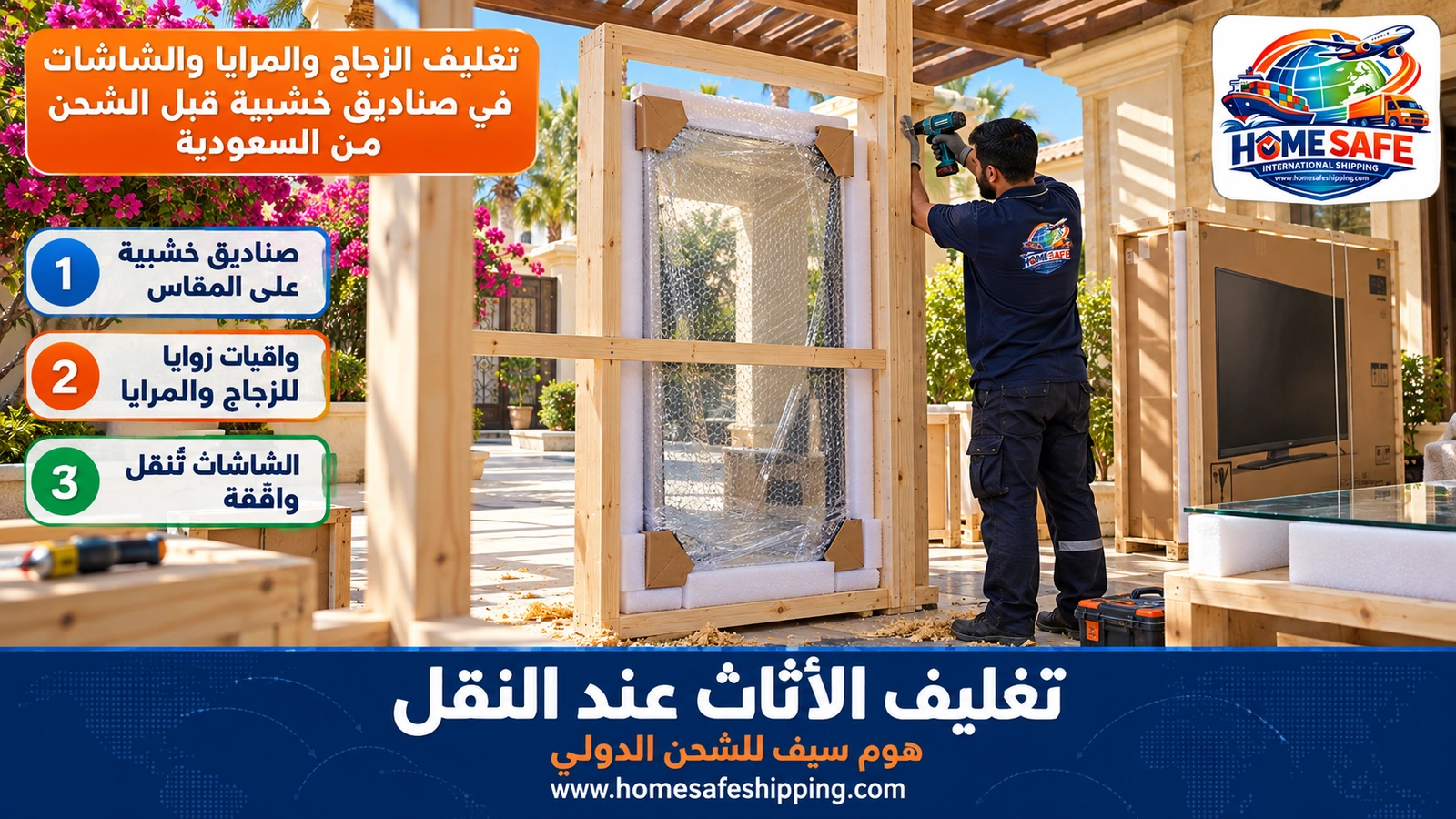 تغليف الزجاج والمرايا والشاشات في صناديق خشبية قبل الشحن من السعودية